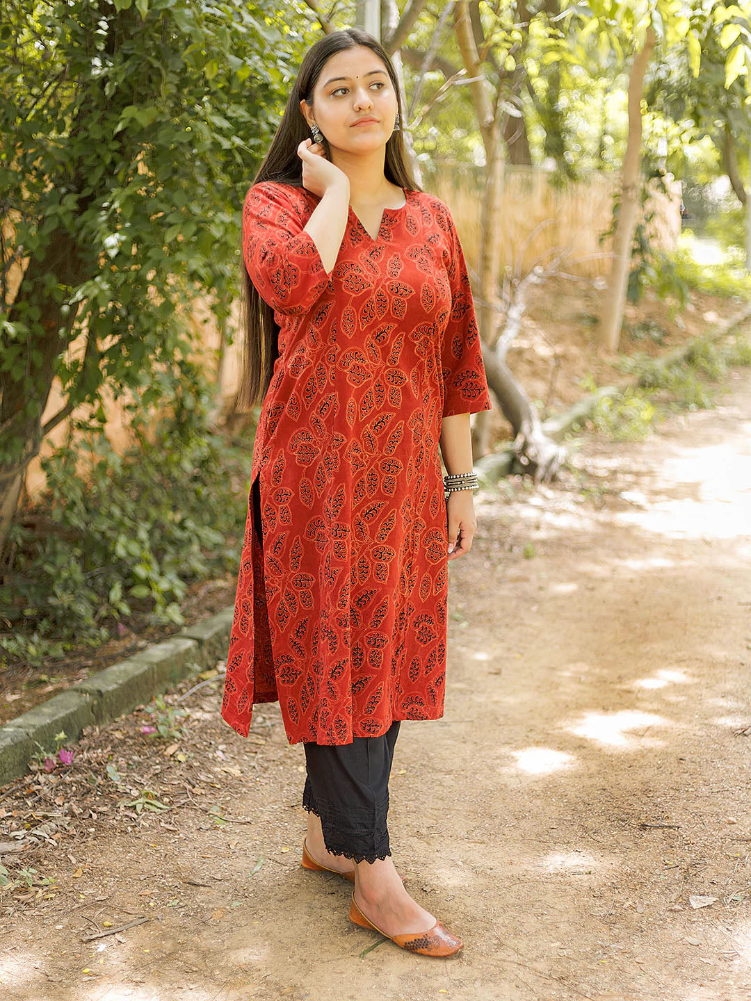 Brick Red Dabu Kurta with Black Palazzo Set