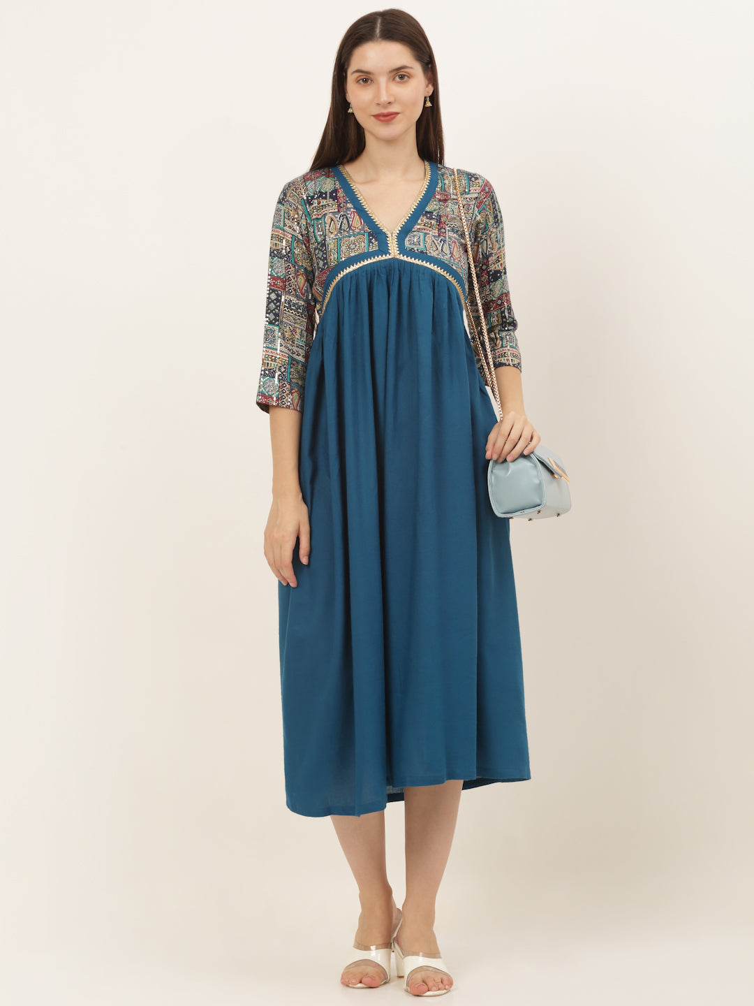 Teal Blue V Neck Rayon Gathered Dress