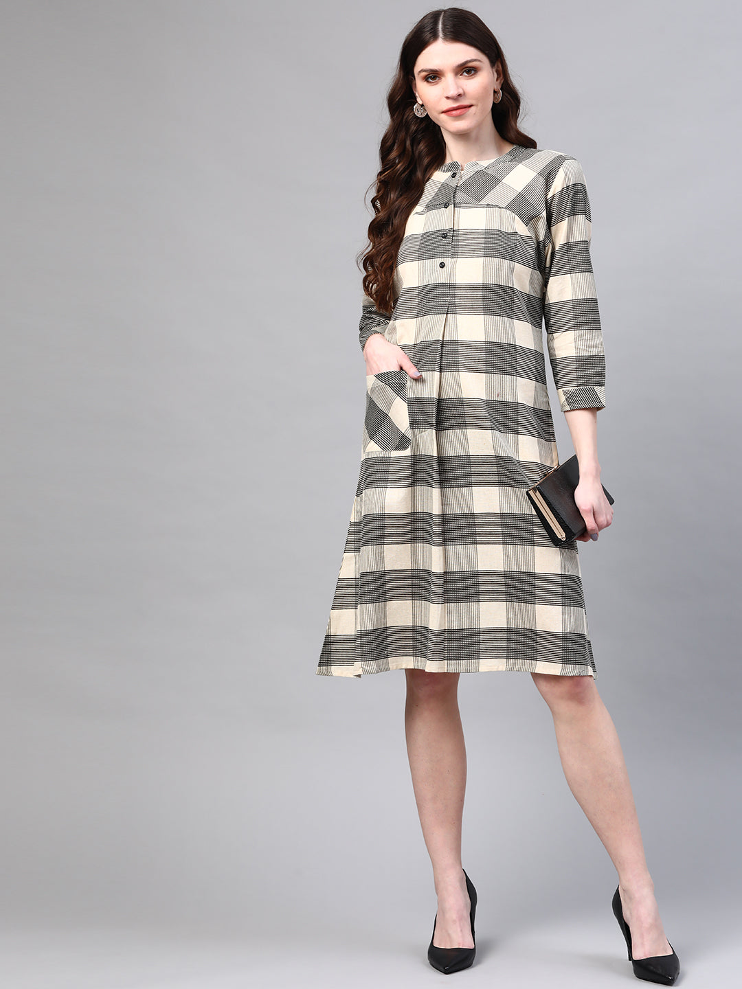 Off-White Black Checked Pleated A-Line Dress