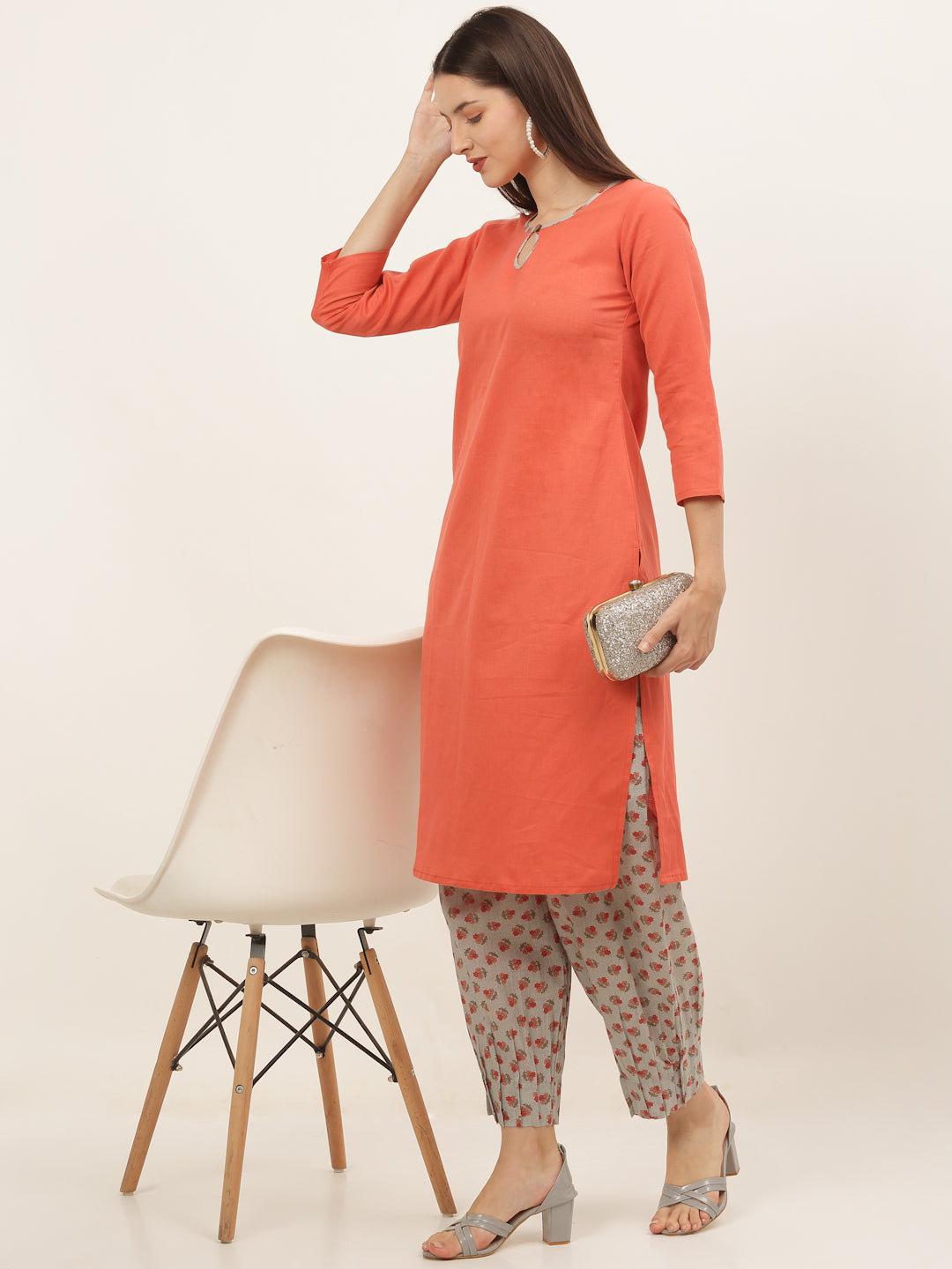 Women Grey and Orange Printed Pure Cotton Salwar