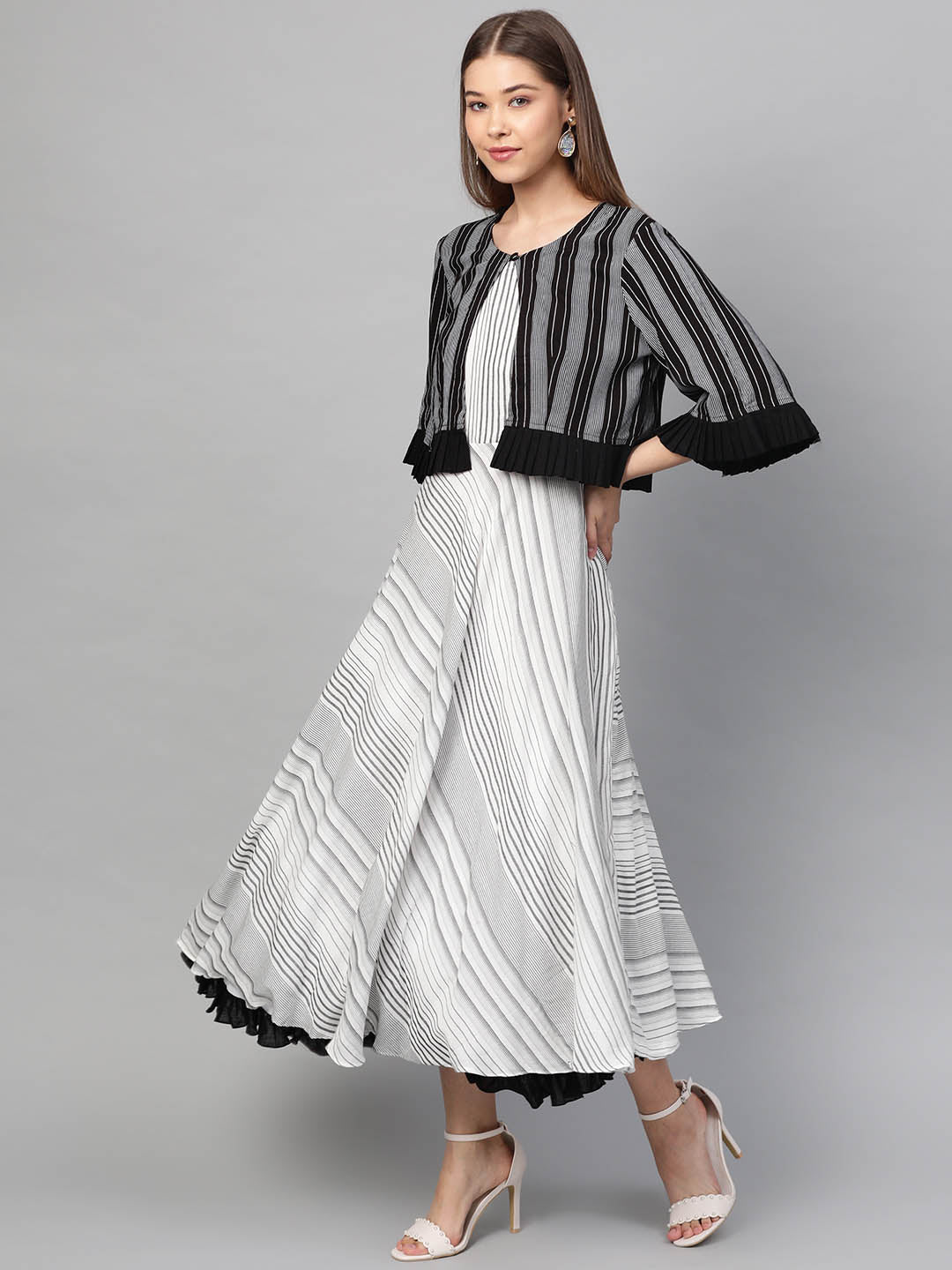 White & Black Striped Maxi Dress With Shrug