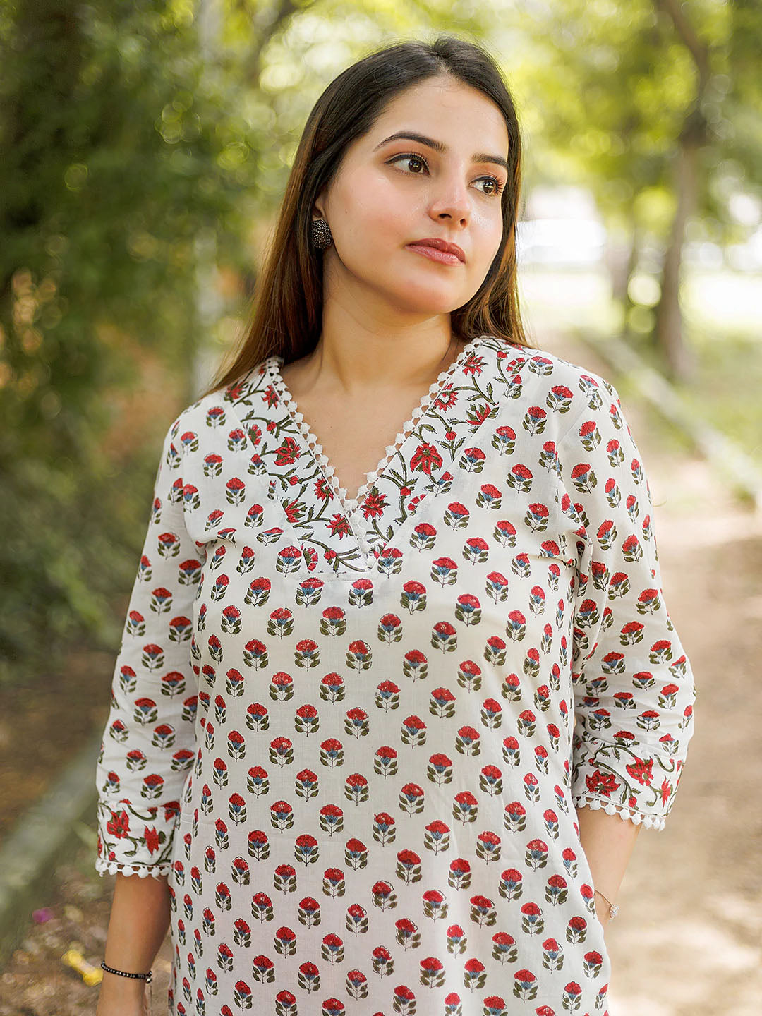 Handblock Printed Red Booty on white Kurta