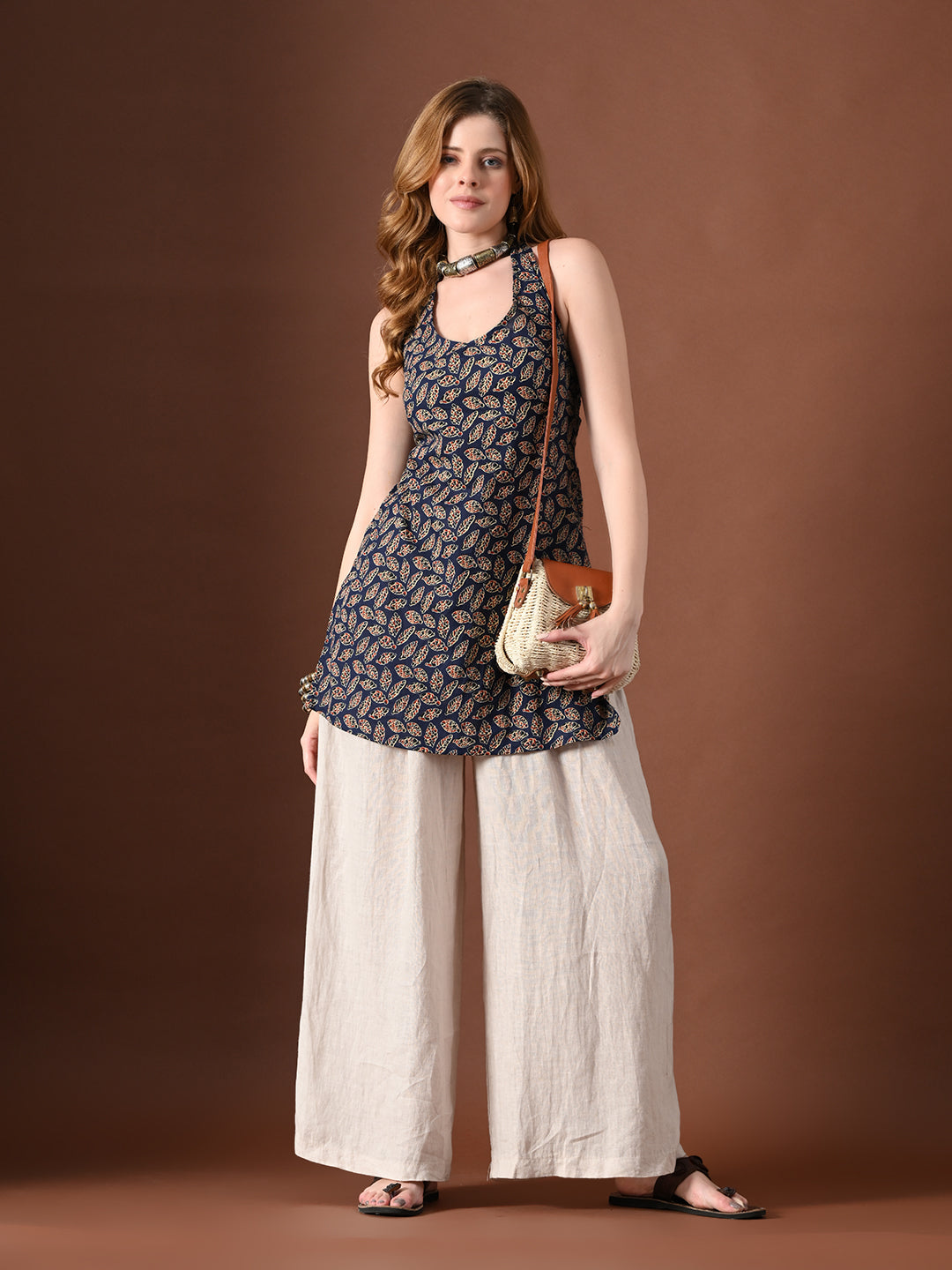 Women Ethnic Motifs Block Printed Halter Neck Smocked Pure Cotton Kurti