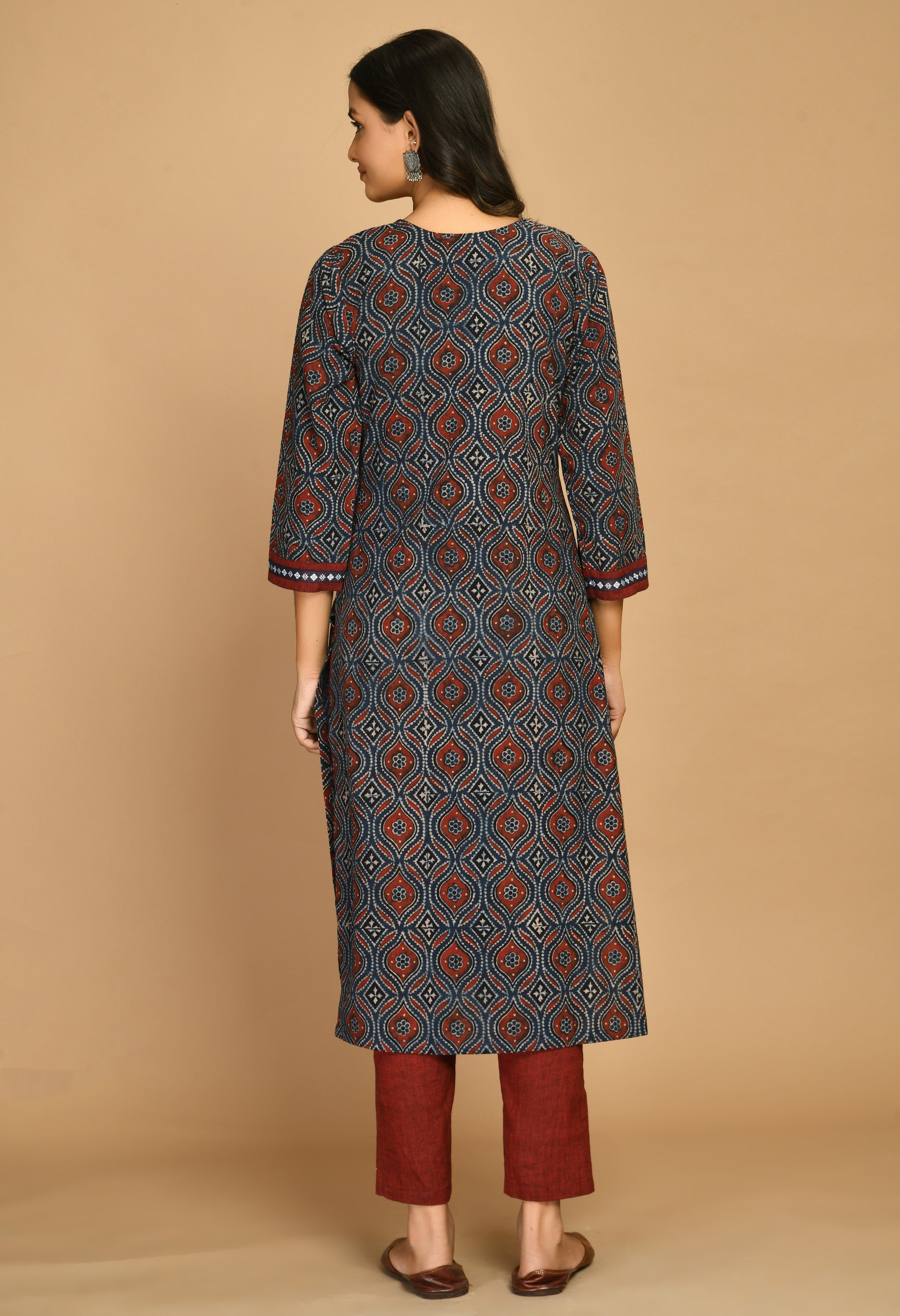 Blue Ajrakh Kurta With  Handloom Pants And Dupatta