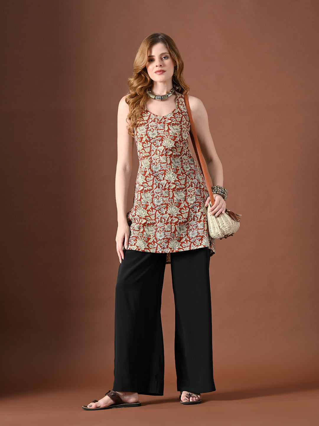 Women Botanical Printed Halter Neck Pure Cotton Kurti