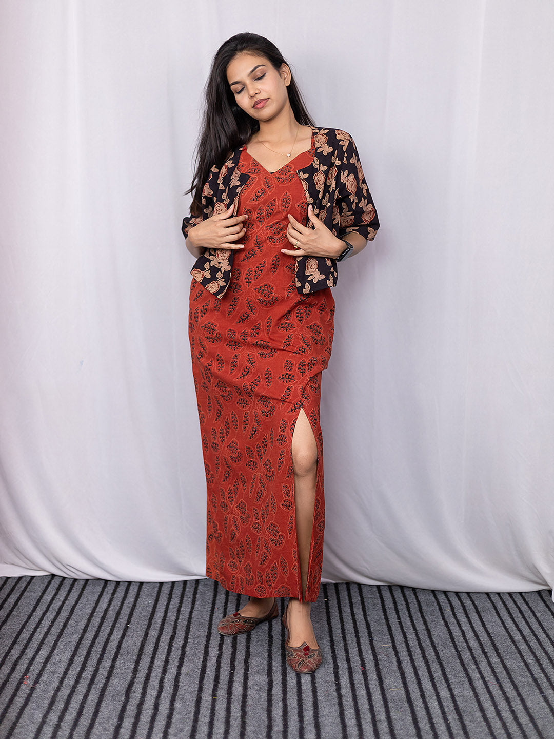 Handblock Printed Brick Red Bagru Printed Slit Dress