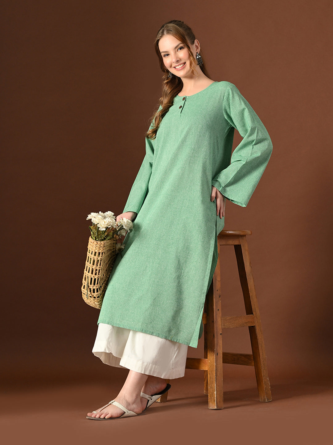 Women Green Cotton Oversized Kurta
