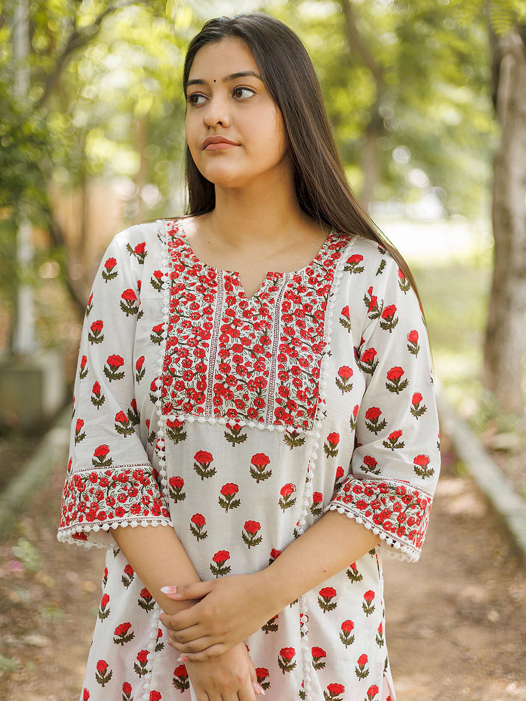 Handblock Printed Red Booty Yoke Lace Design Set