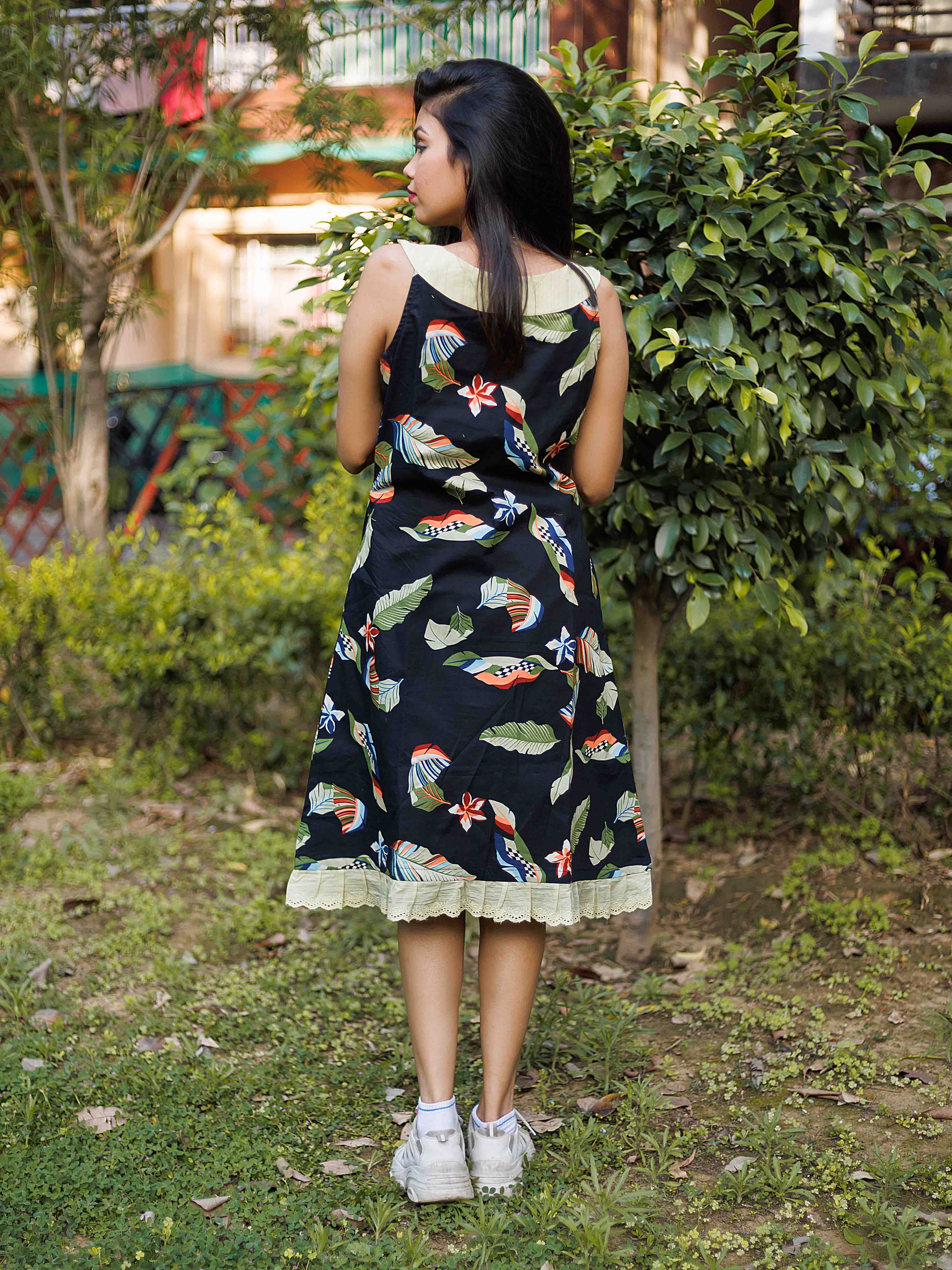 Black and Green Bird Print Pure Cotton Dress