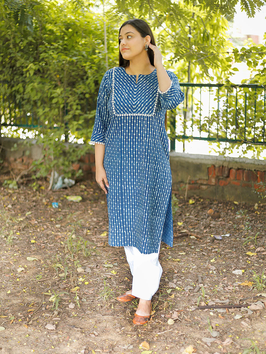 Handblock Printed Natural dyed Indigo Kurta with Lace details