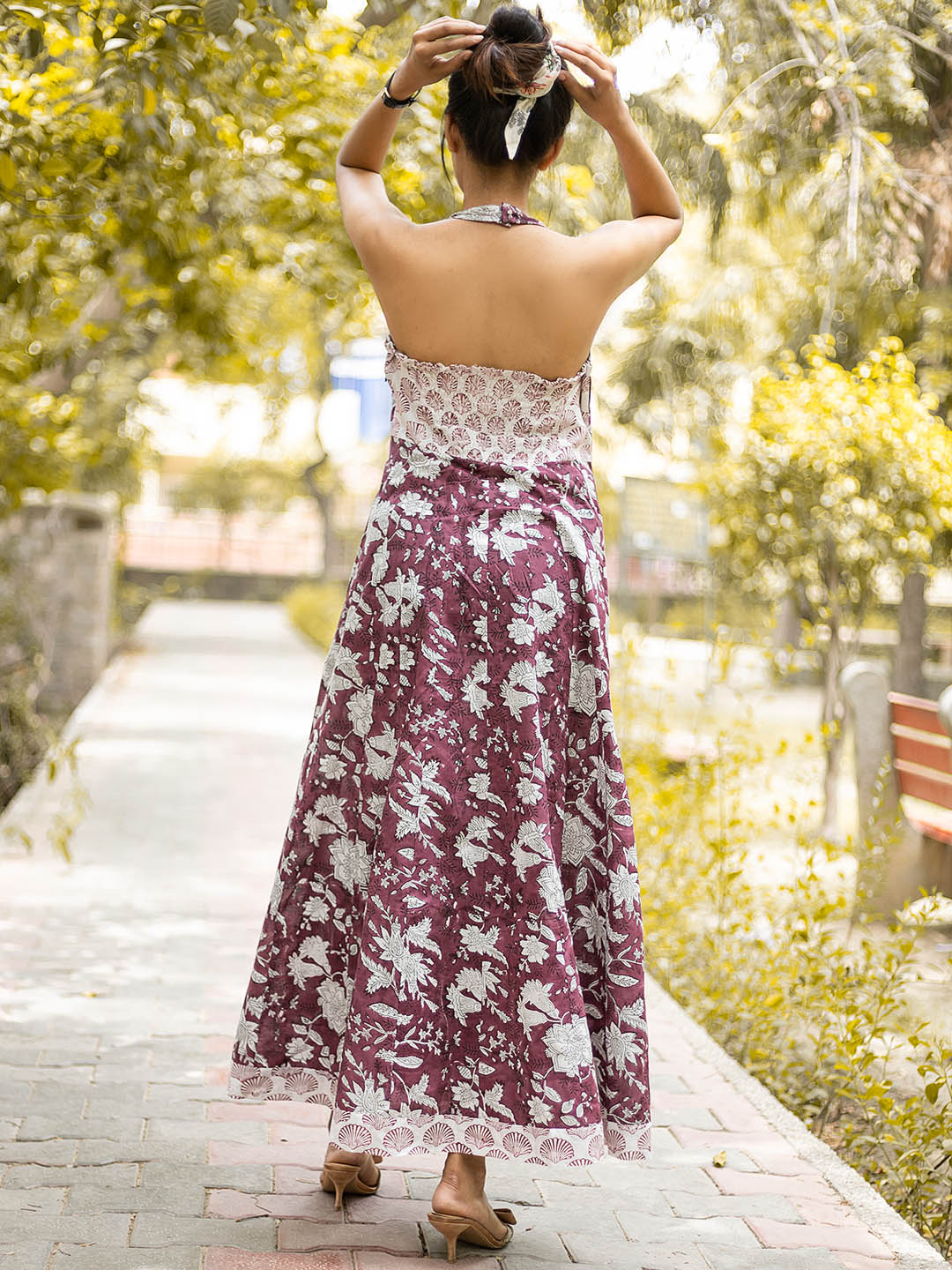 HandBlock Printed Violet HalterNeck Dress with Smocking at the back