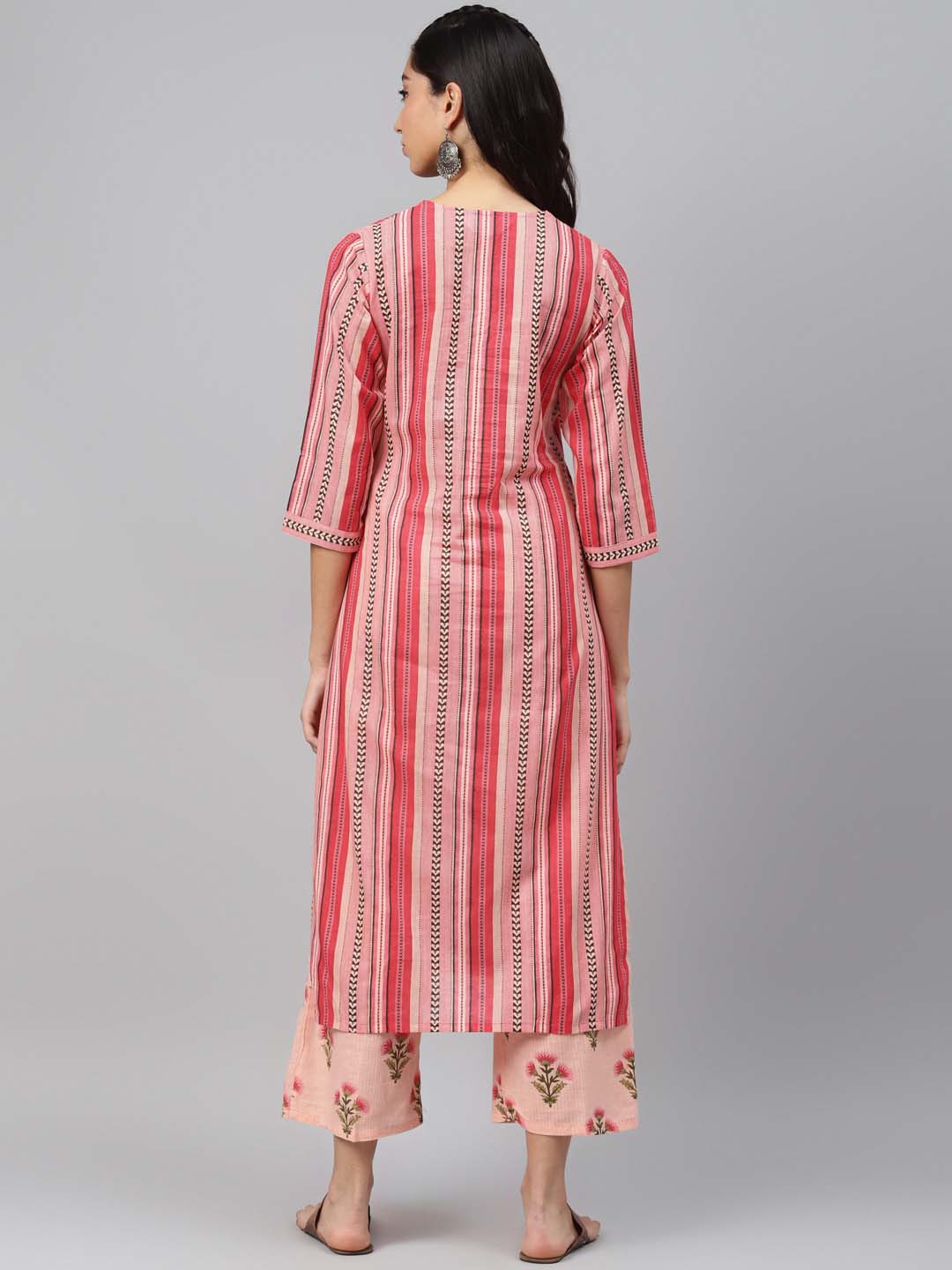 Women Pink & Black Striped Pure Cotton Kurta with Palazzos