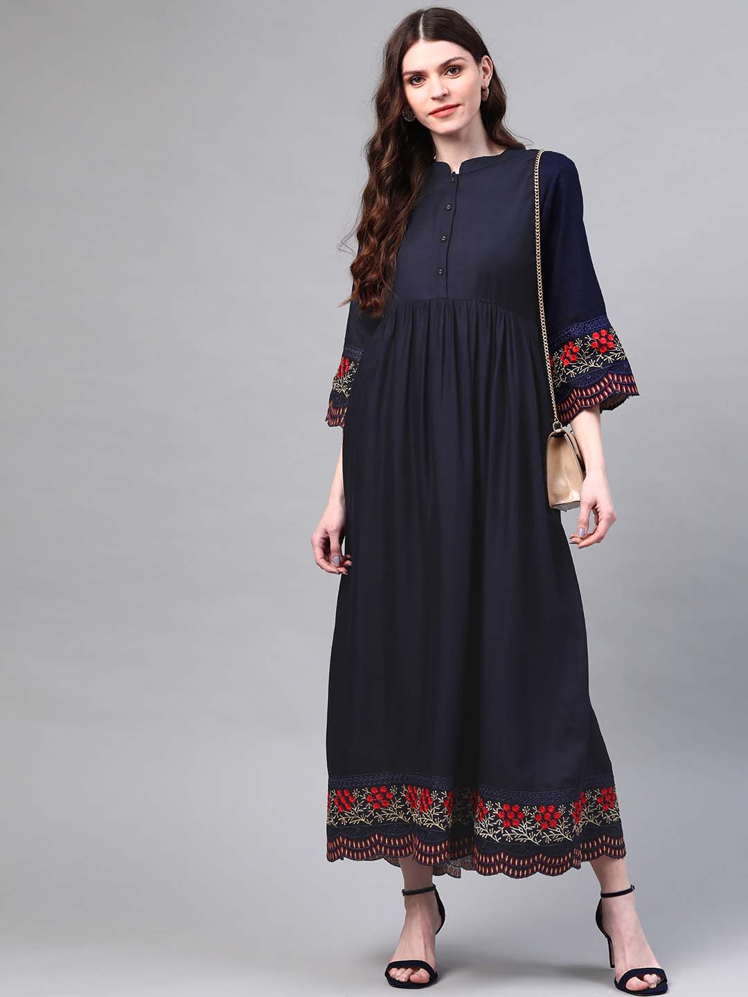 Navy Blue Embroidered A-Line Dress