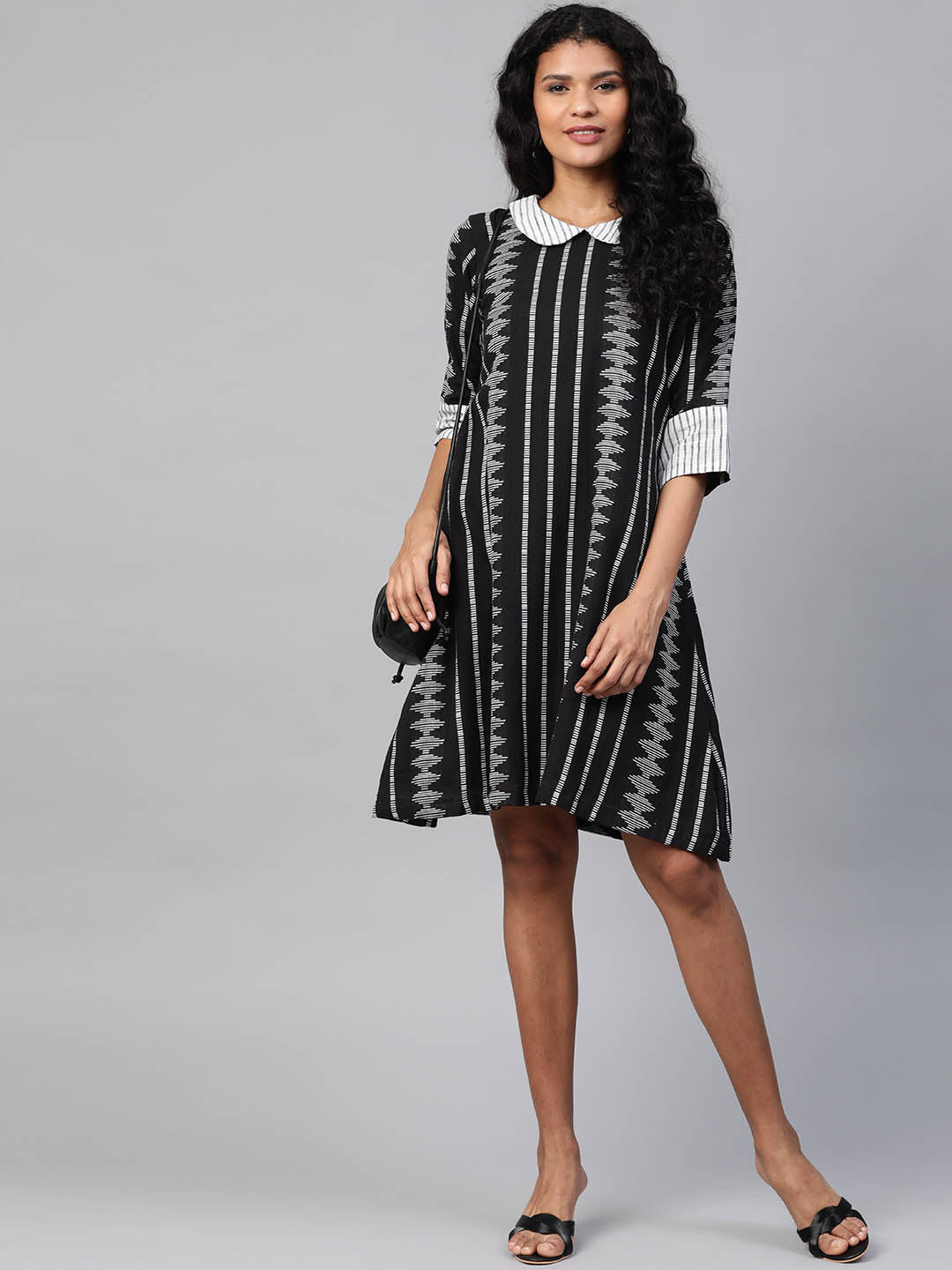 Black & White Ikkat Self-Striped A-Line Dress