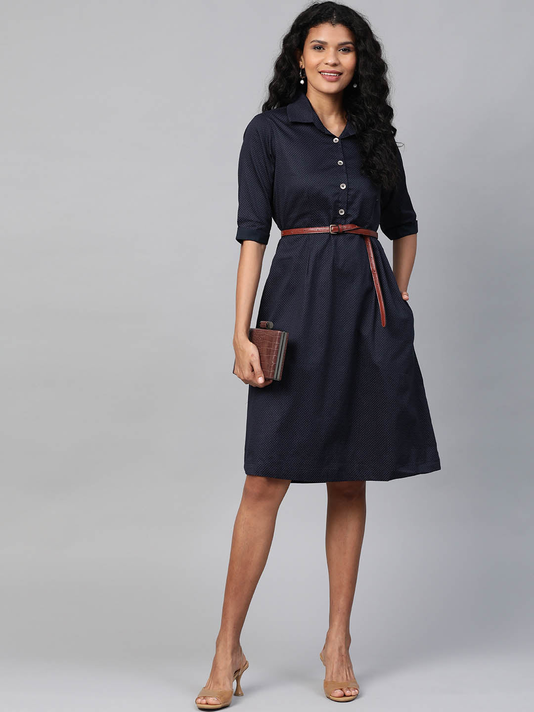 Navy Blue & Pink Self-Design A-Line Dress