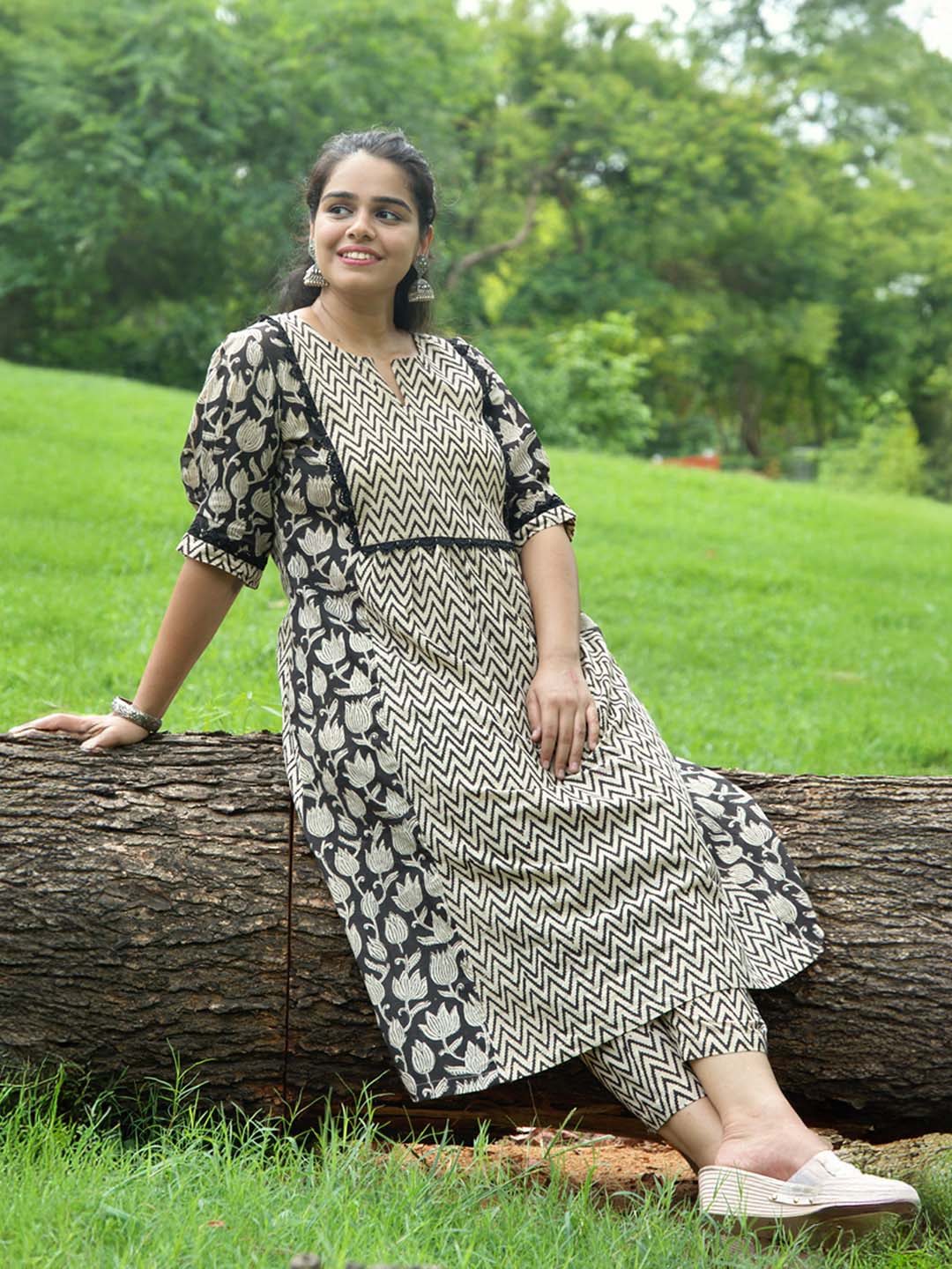 Bagru Handblock Printed Black and Beige Yoke Design Kurta