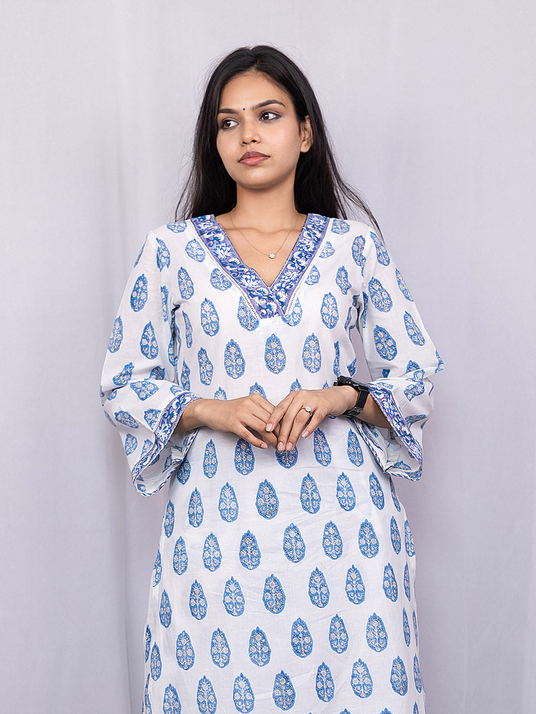 HandBlock Printed White and Blue Booty Kurta Set with Lace Detailing