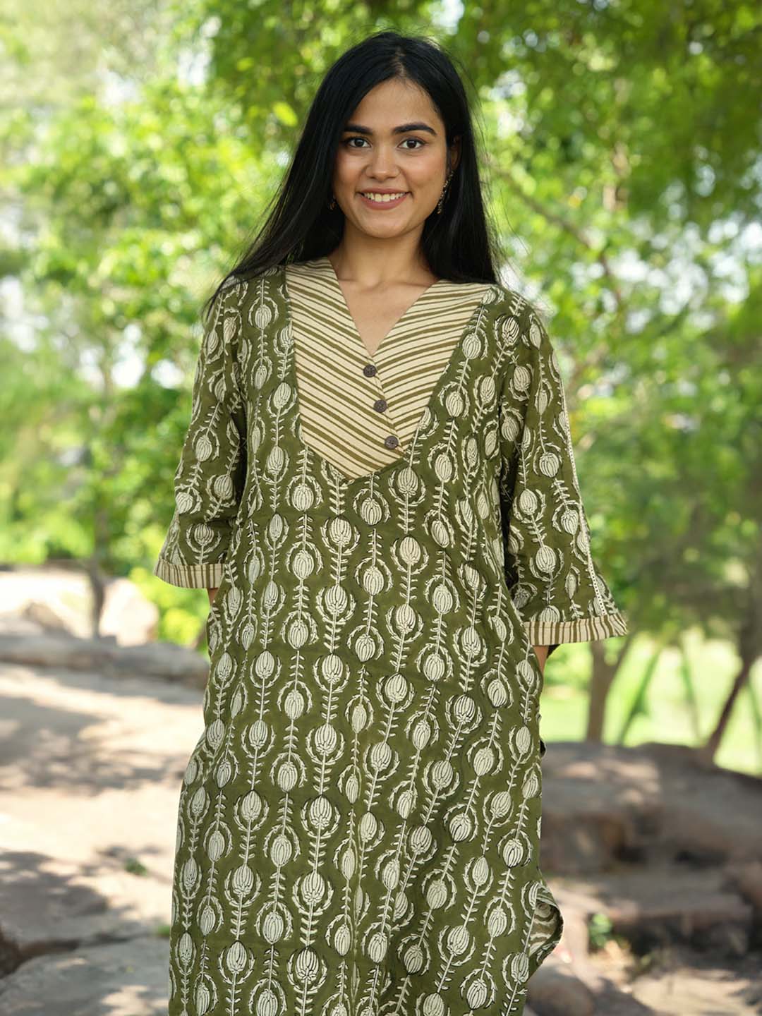 Bagru Handblock Printed Green Yoke Design Kurta Set
