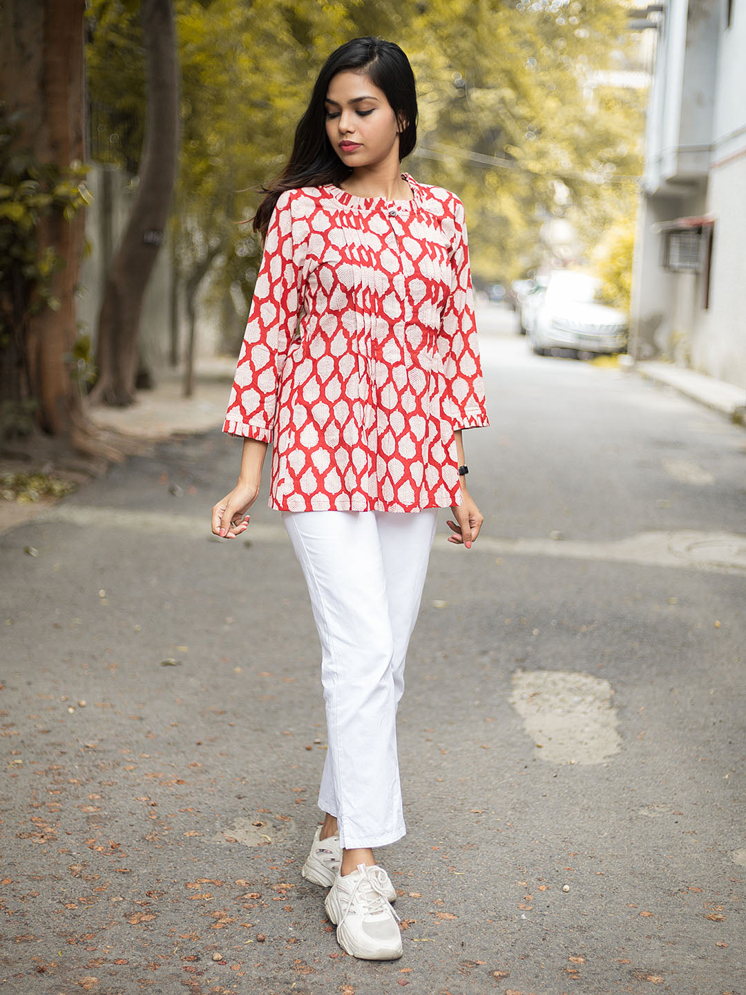 HandBlock Printed Red Leaf Print Top