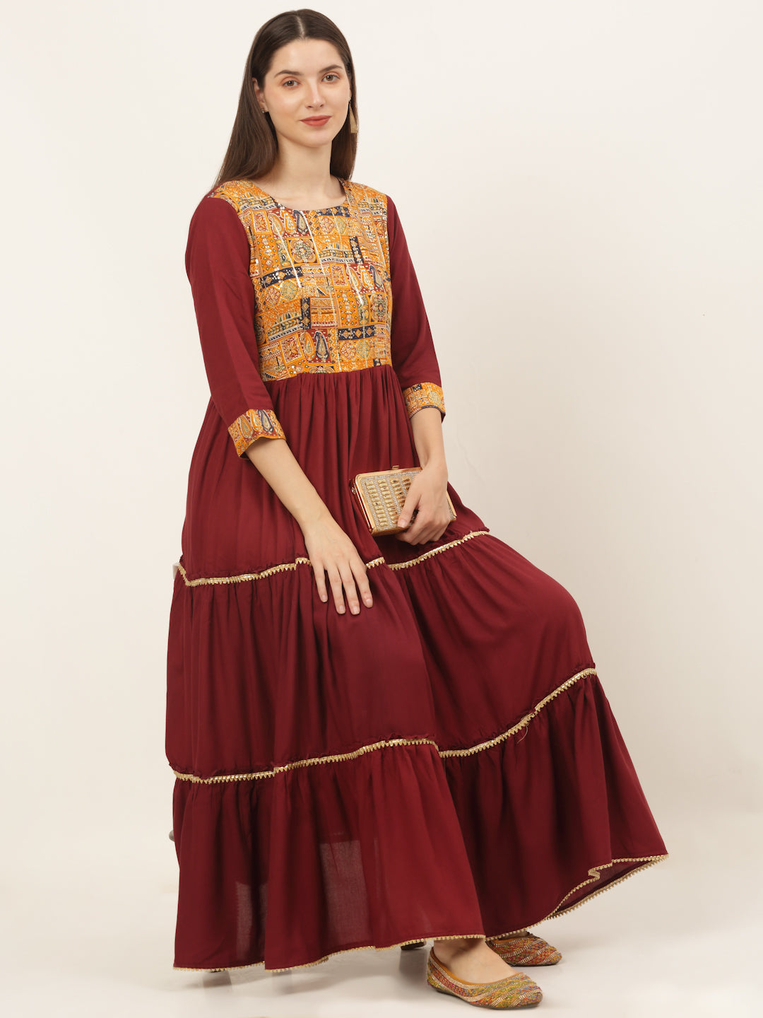 Maroon Rayon Tier Dress