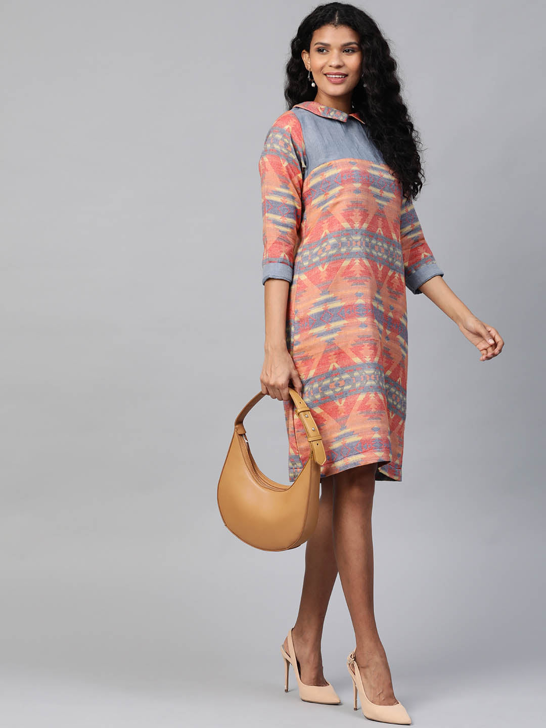 Orange & Blue Ethnic Ikkat Woven Shift Dress