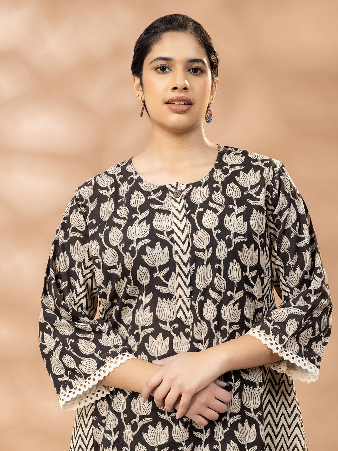 Bagru Black and Beige Floral Panel Lucknowi Cut Kurta set
