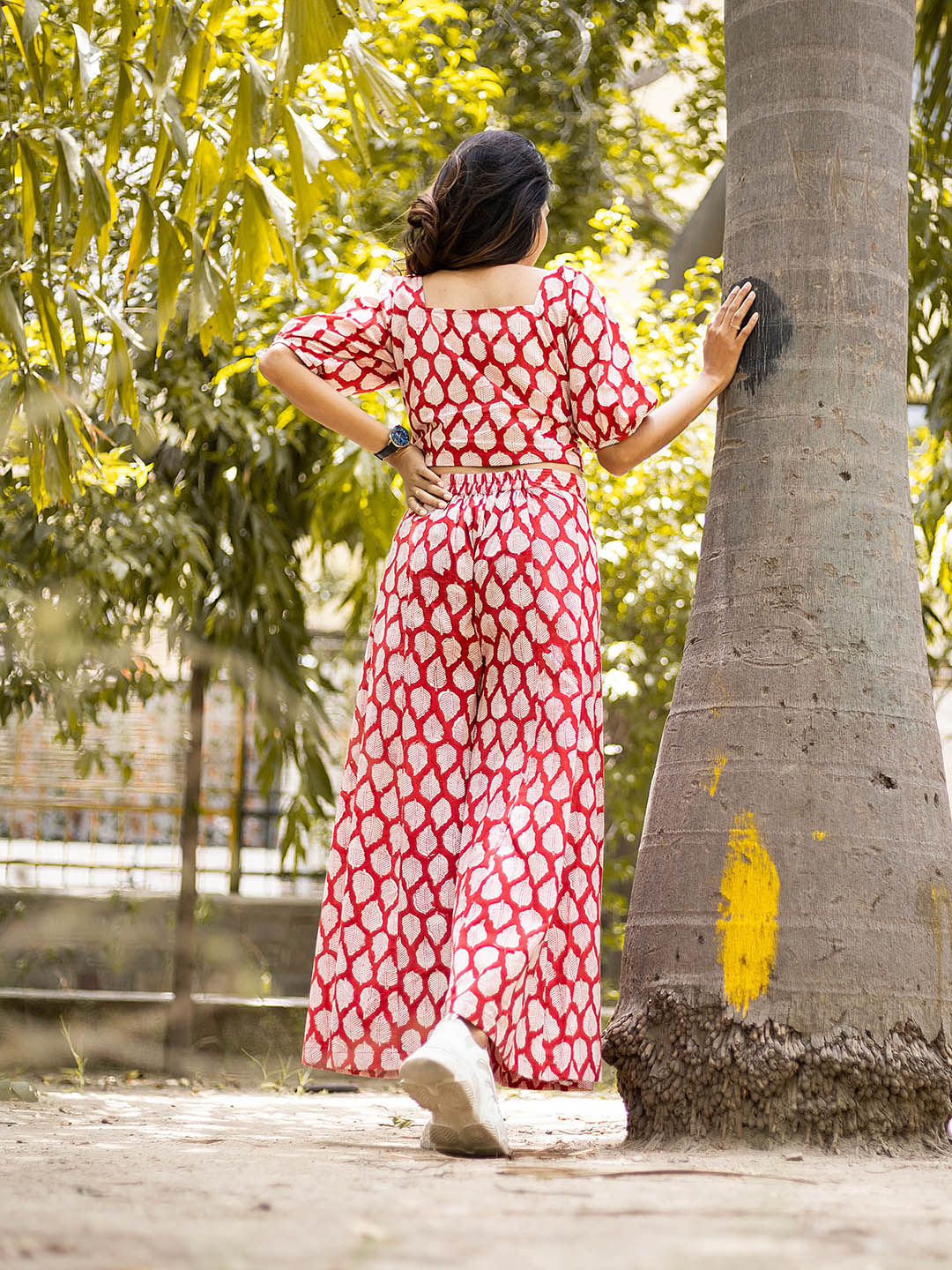 HandBlock Printed Red Leaf Print CO-Ord Set