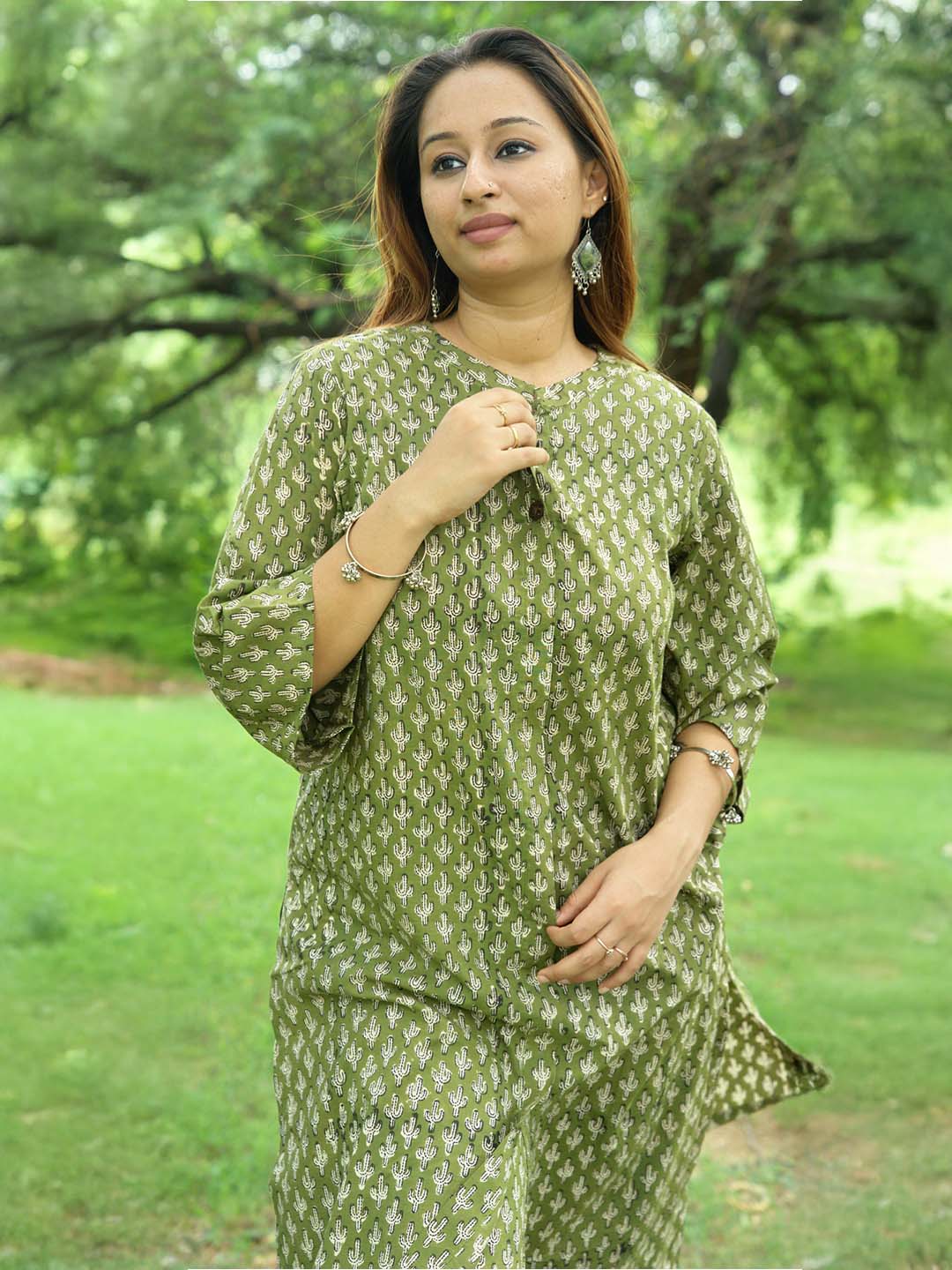 Bagru Handblock Printed Green Cactus Print Kurta Set
