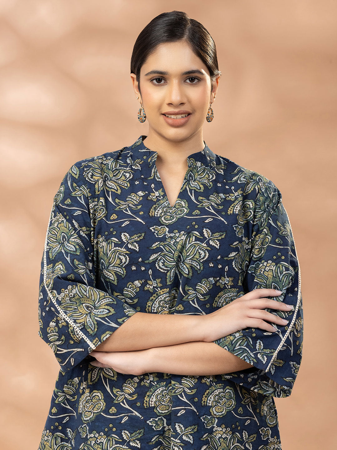 Indigo Ajrakh Mandrin Neck Kurta Salwar Set