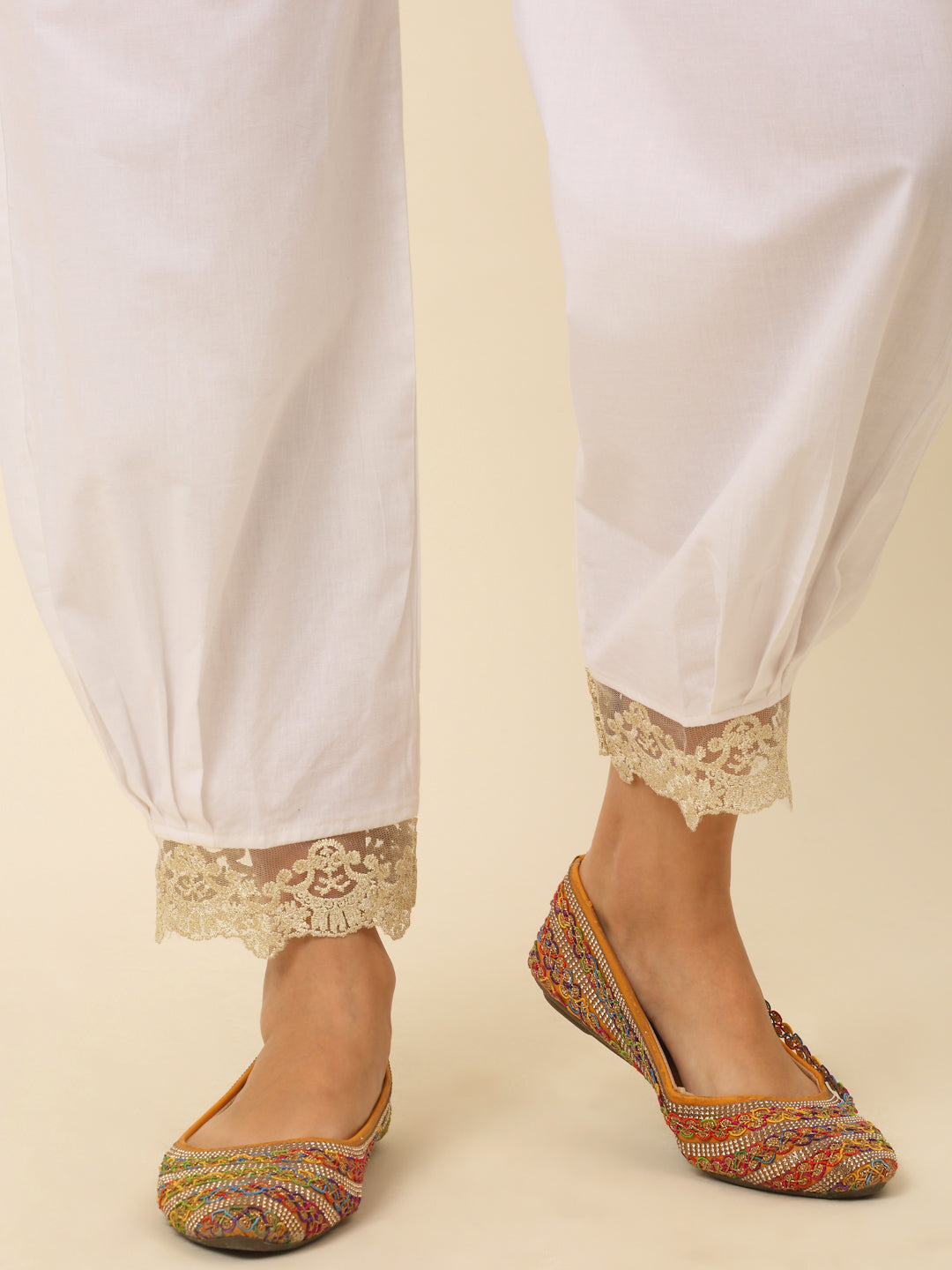 White Afgan Salwar with Golden Lace