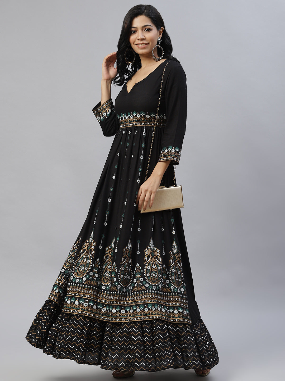 Black & Off White Ethnic Motifs Ethnic Empire Maxi Dress