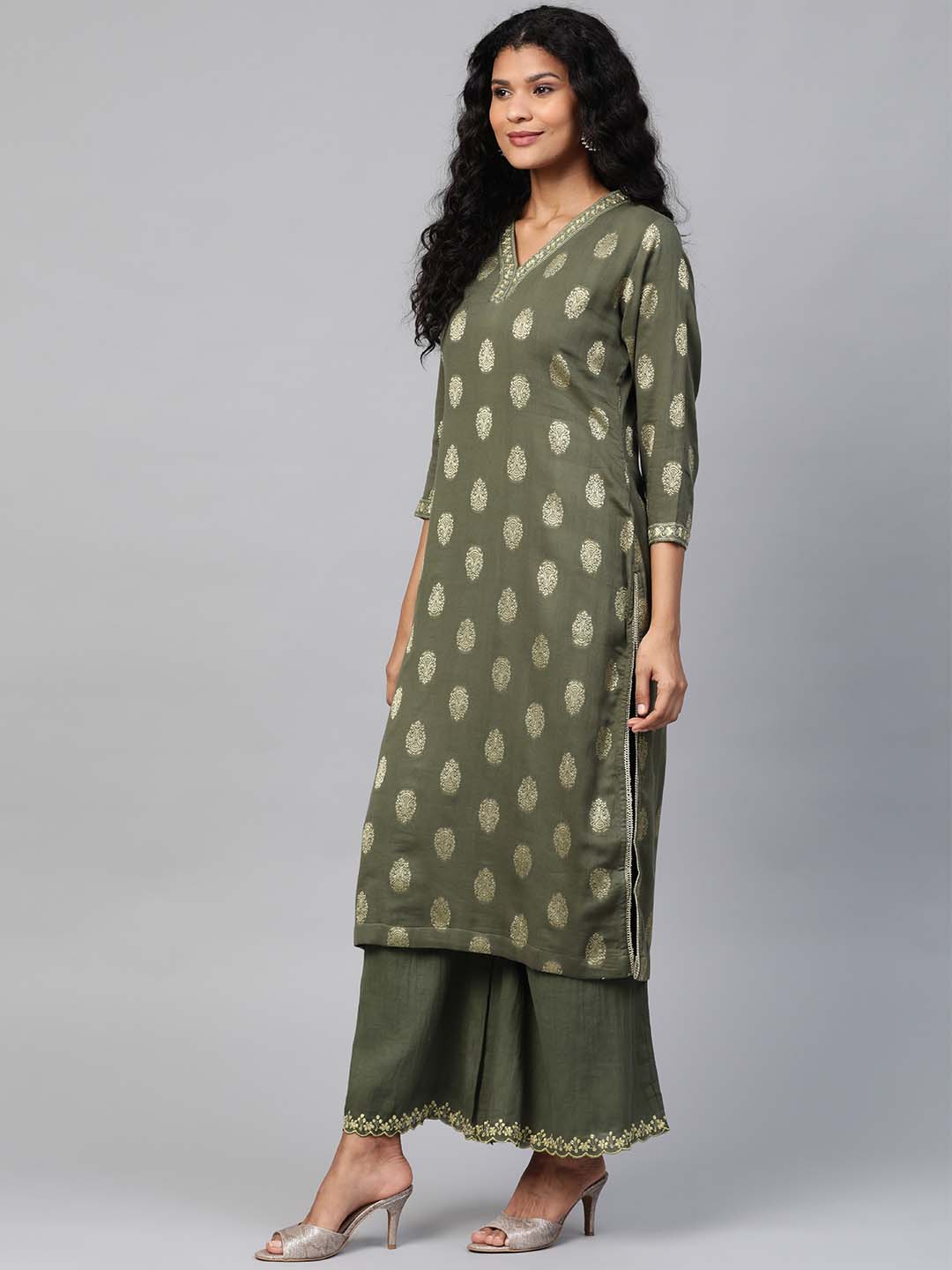 Green Embroidered Kurta With Cotton Embroidered Palazzo And Organza Dupatta - Set of 3