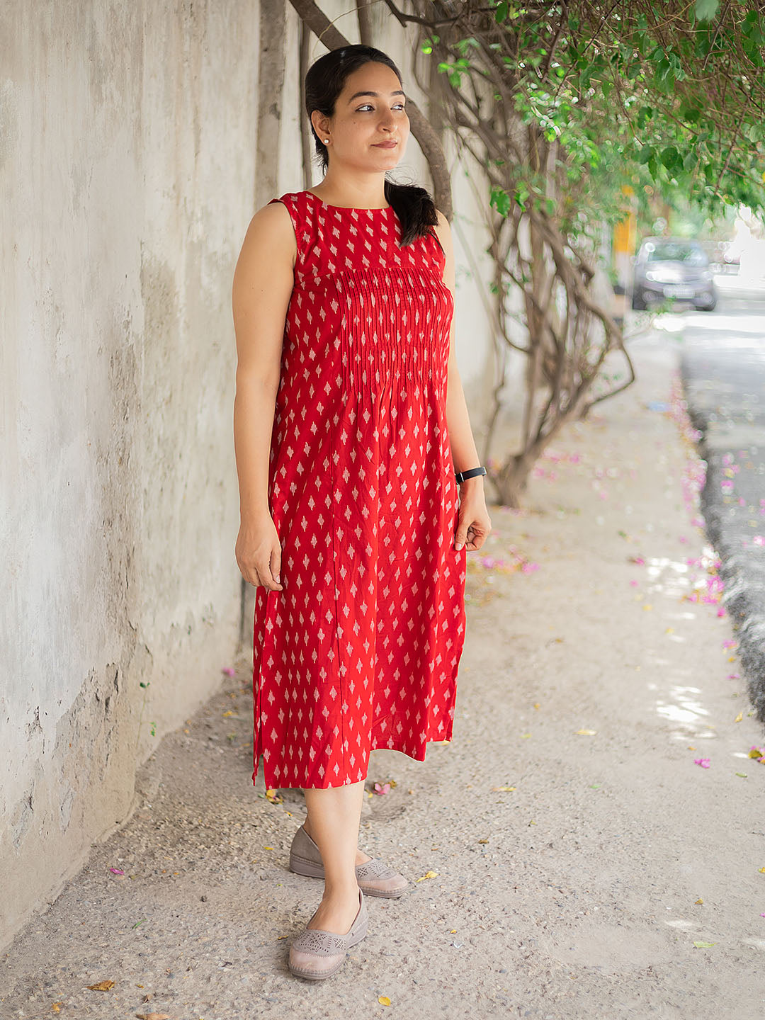 Handblock Printed Overlay Red Dress