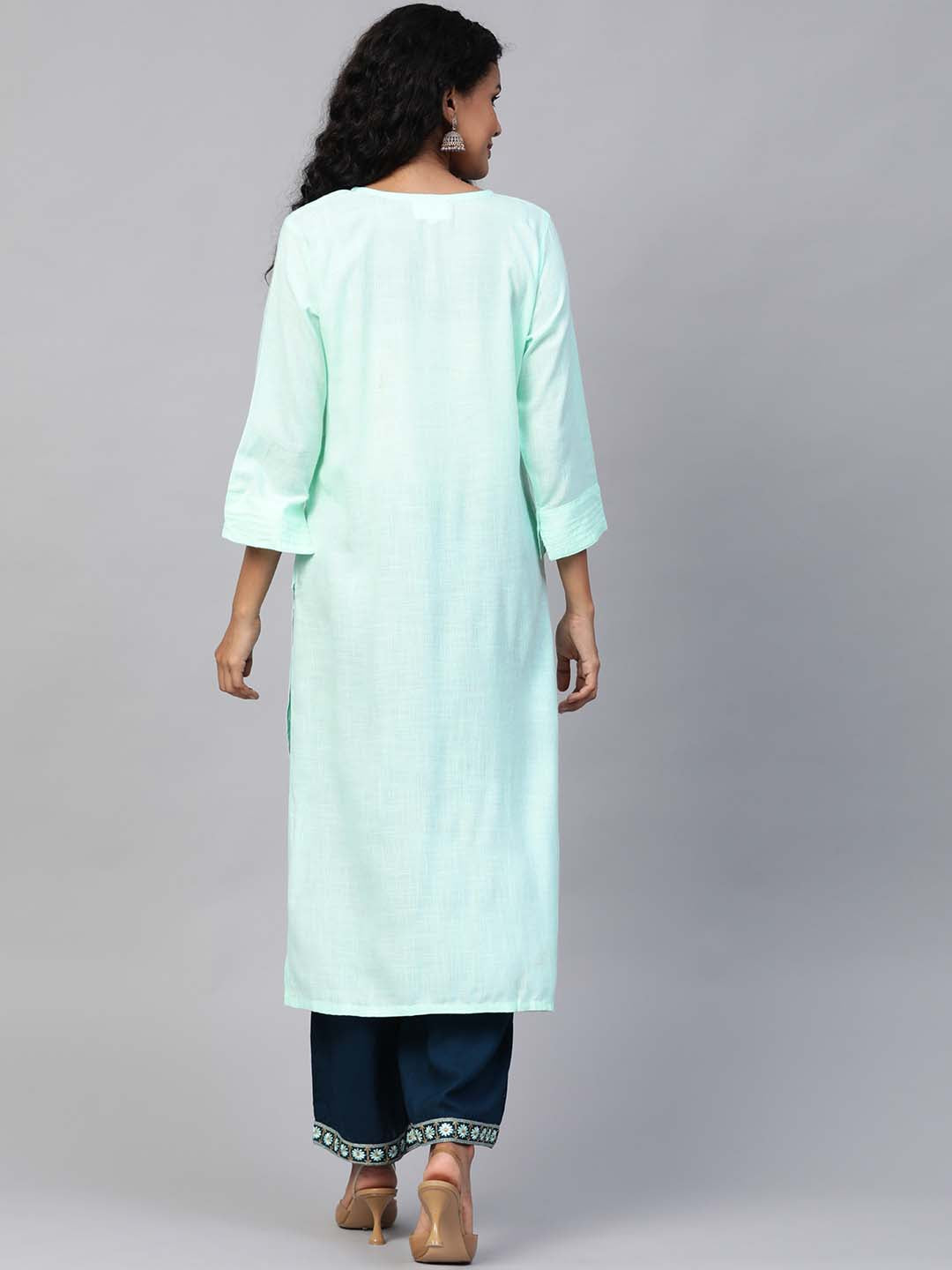 Women Blue Pintucks Detail Straight Kurta with Palazzos