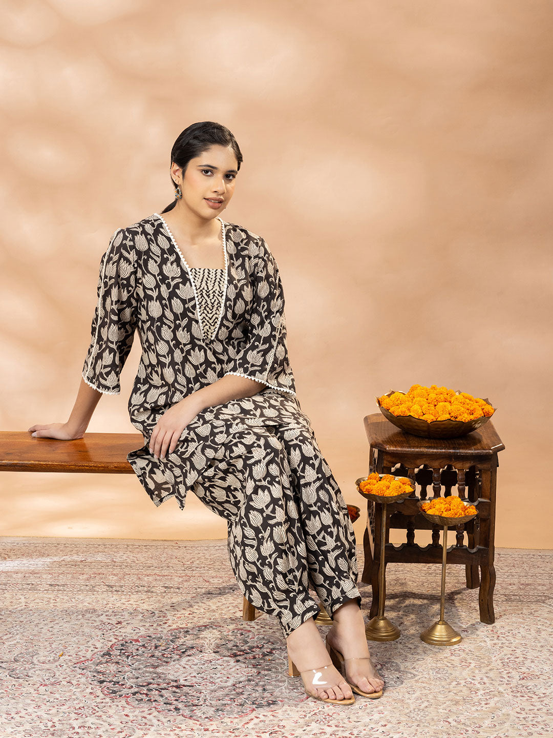 Bagru Black And White Floral Print Pleated Salwar Set