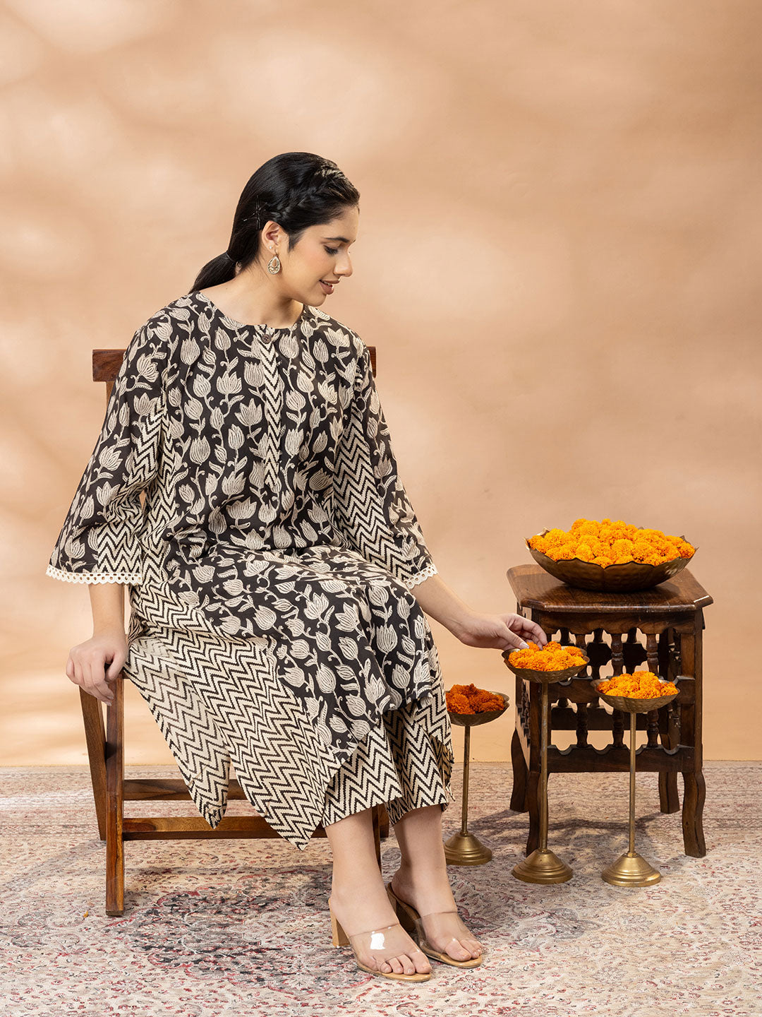 Bagru Black and Beige Floral Panel Lucknowi Cut Kurta set