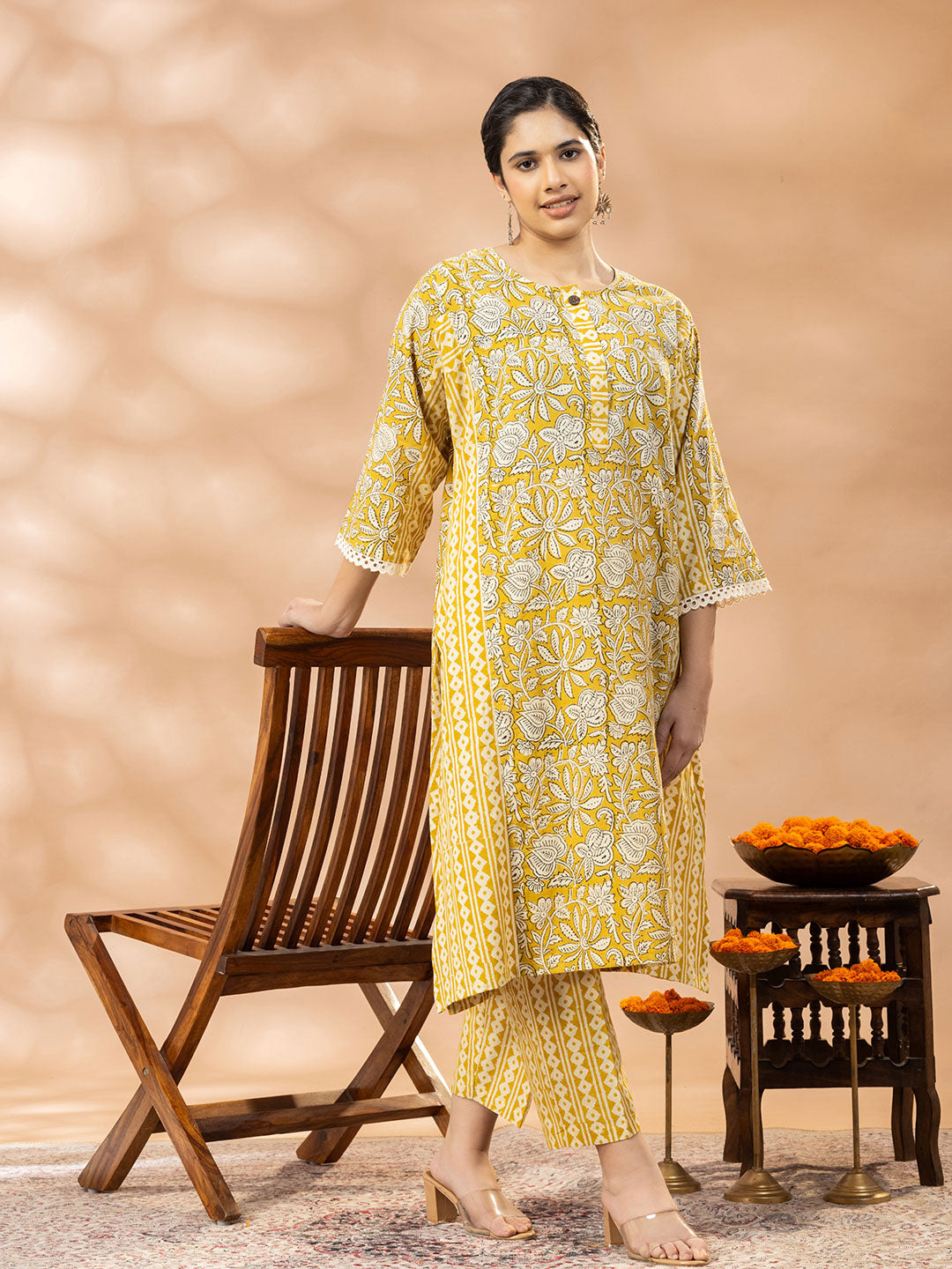 Bagru Yellow and White Floral Panel Lucknowi Cut Kurta set