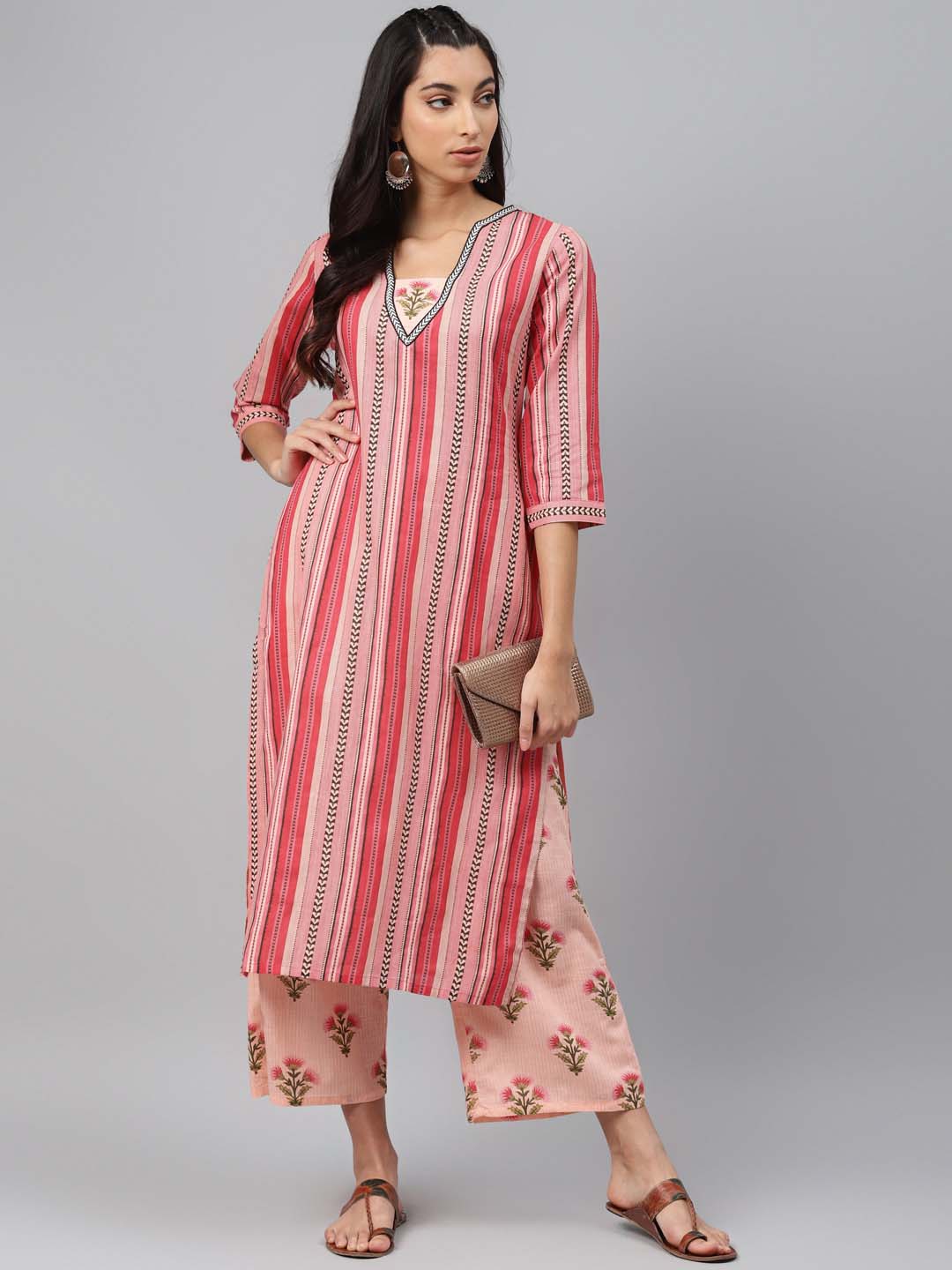 Women Pink & Black Striped Pure Cotton Kurta with Palazzos