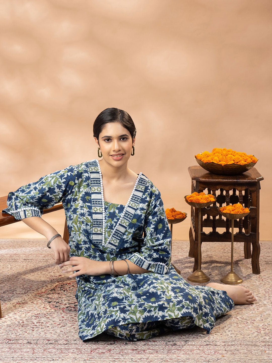 Bagru Indigo Blue and Green Floral Print Kurta Salwar Set
