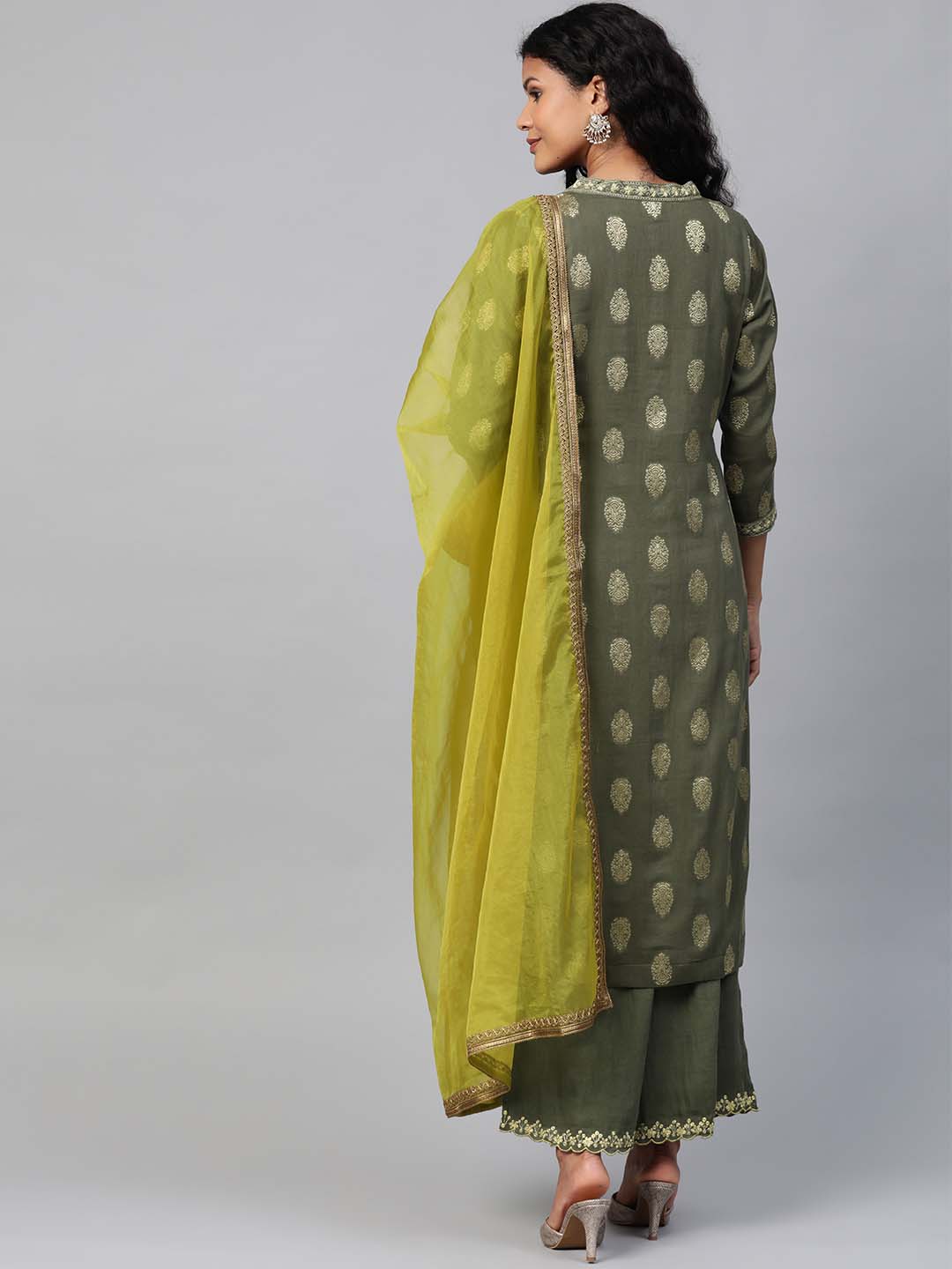 Green Embroidered Kurta With Cotton Embroidered Palazzo And Organza Dupatta - Set of 3