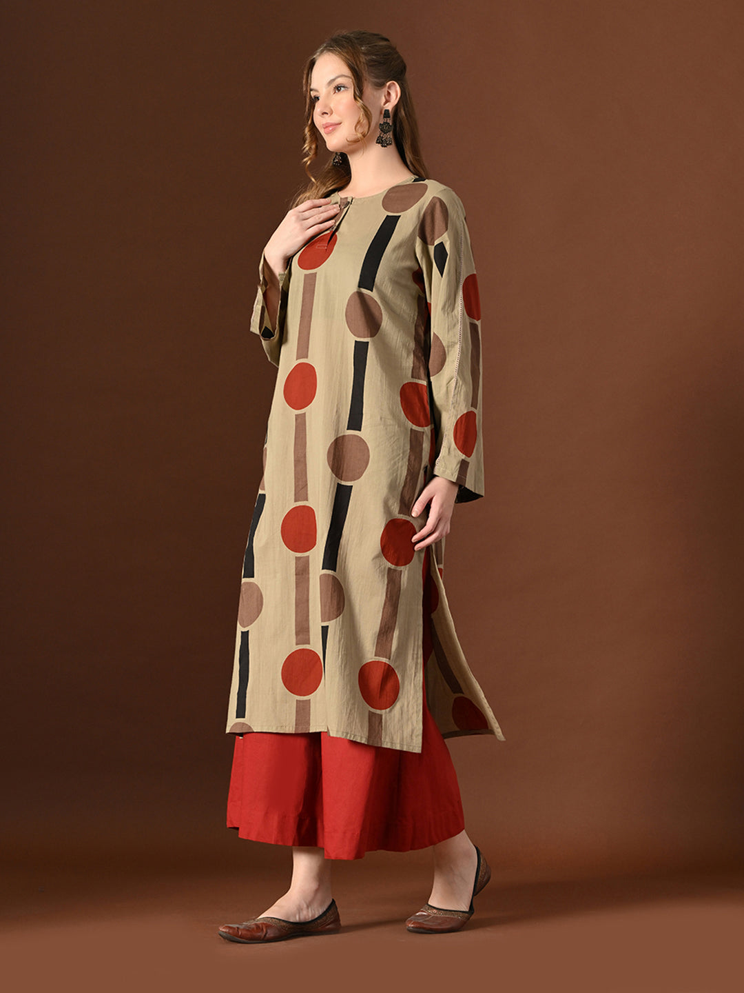 Women Beige Geometrical Print Cotton Oversized Kurta