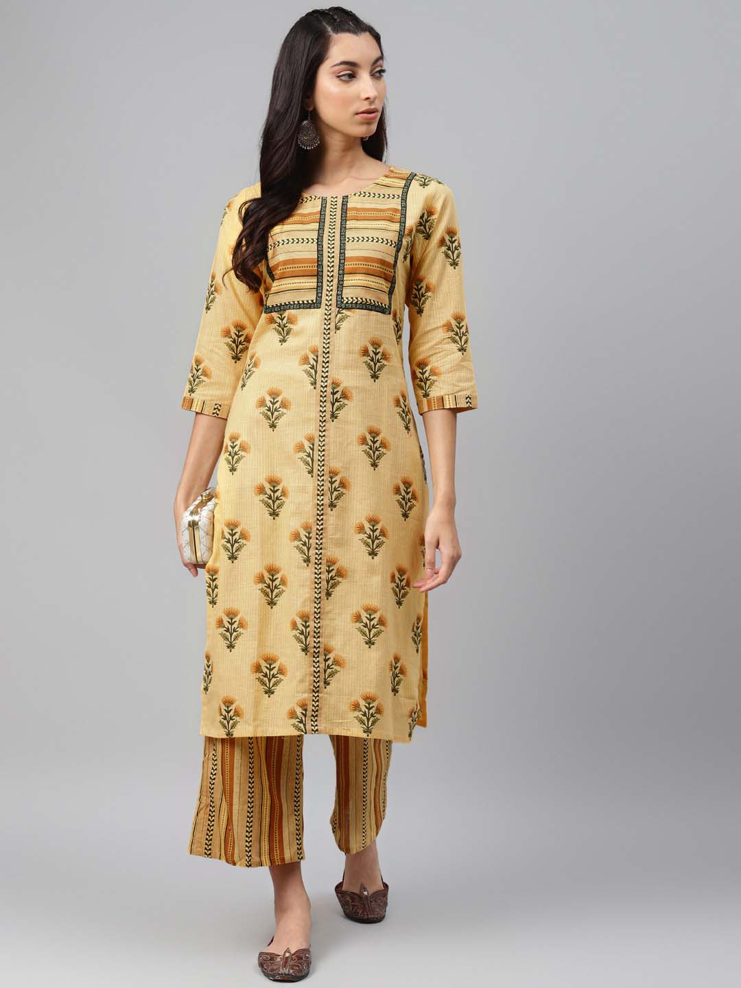 Women Yellow & Green Printed Pure Cotton Kurta with Palazzos