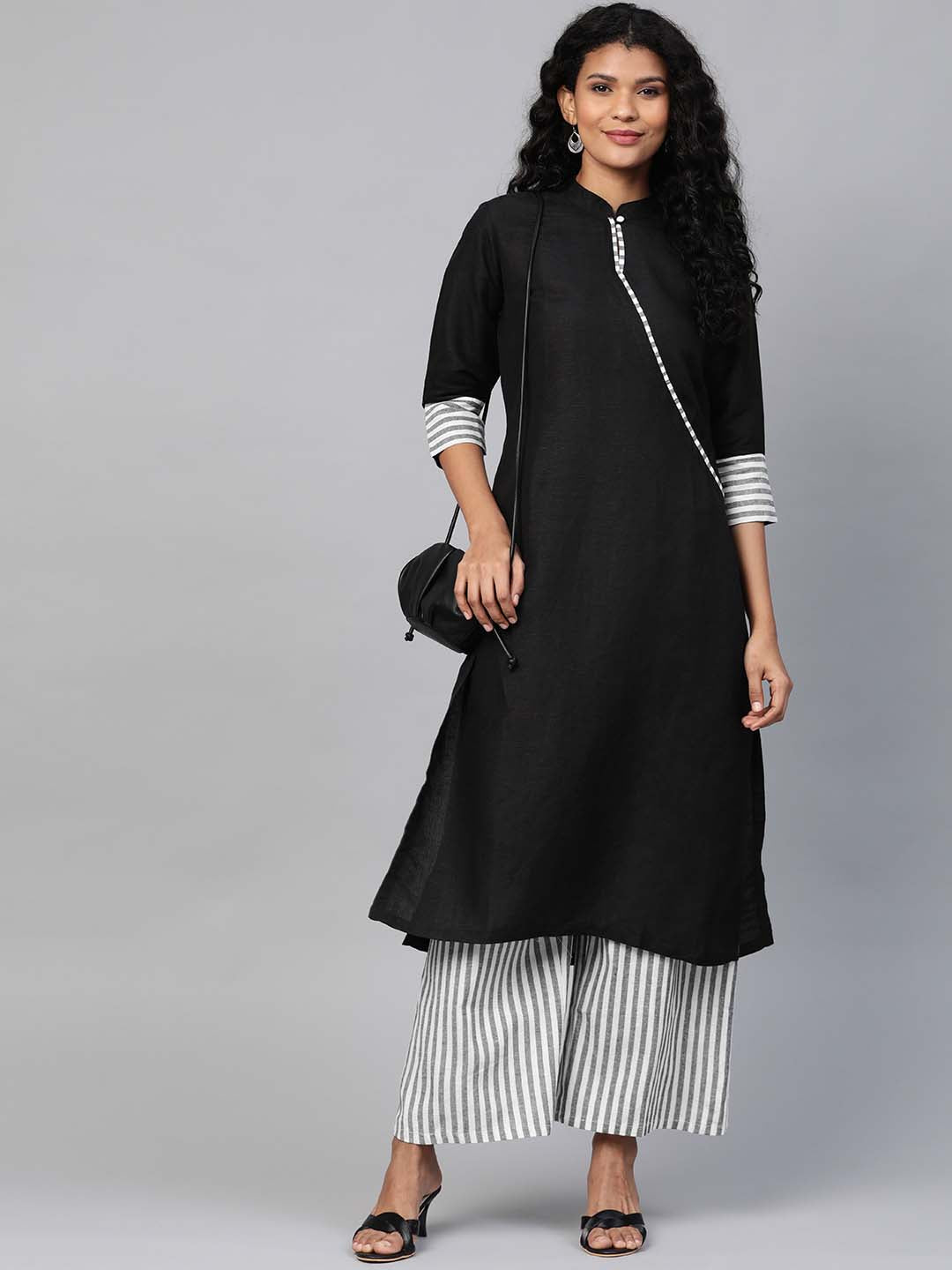 Black Linen Kurta With Striped Handloom Cotton Palazzo- Set of 2