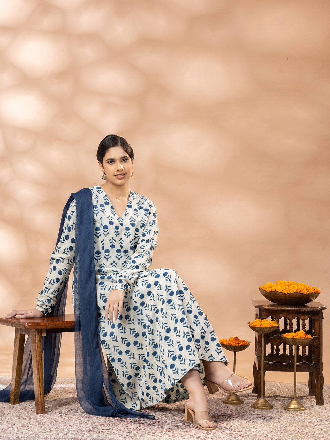 Bagru Handblock Printed Indigo Blue Churidar Sleeves Kurta Set