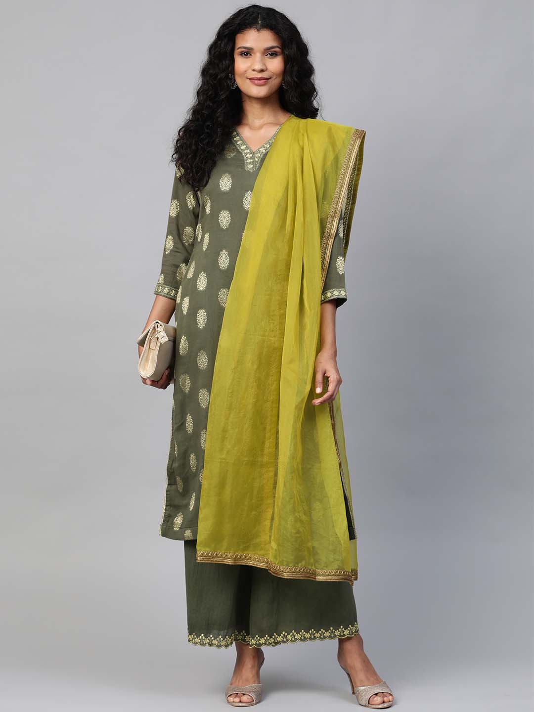 Green Embroidered Kurta With Cotton Embroidered Palazzo And Organza Dupatta - Set of 3