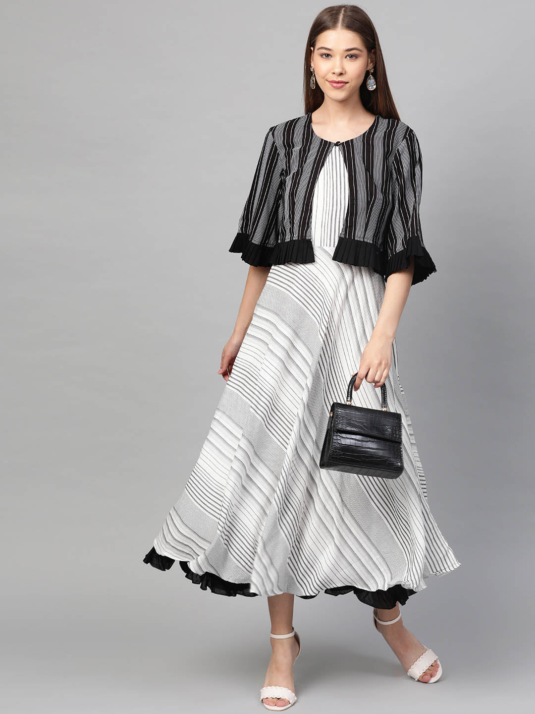 White & Black Striped Maxi Dress With Shrug