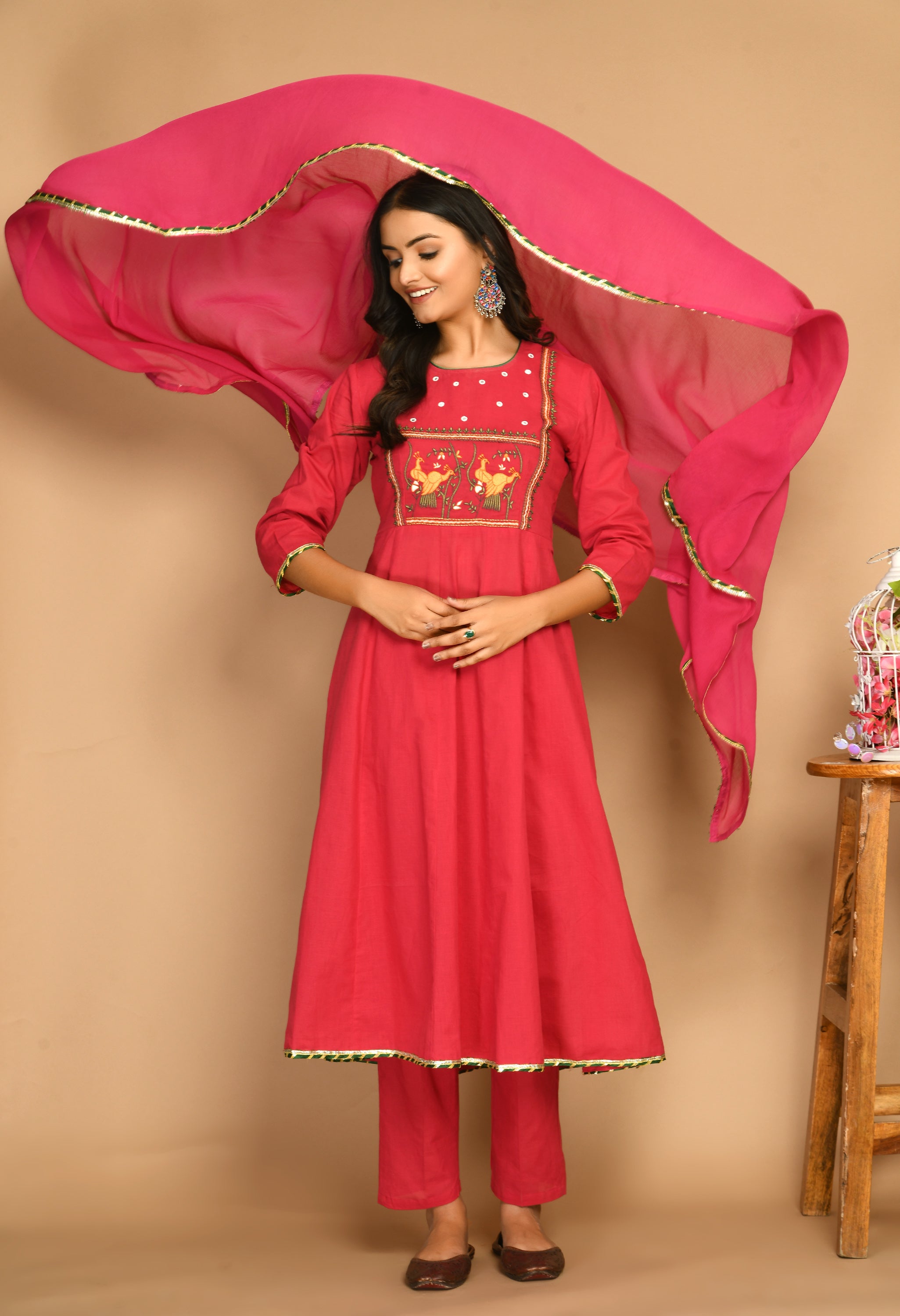 Fuchsia pink embroidered kurta set with gota work and dupatta