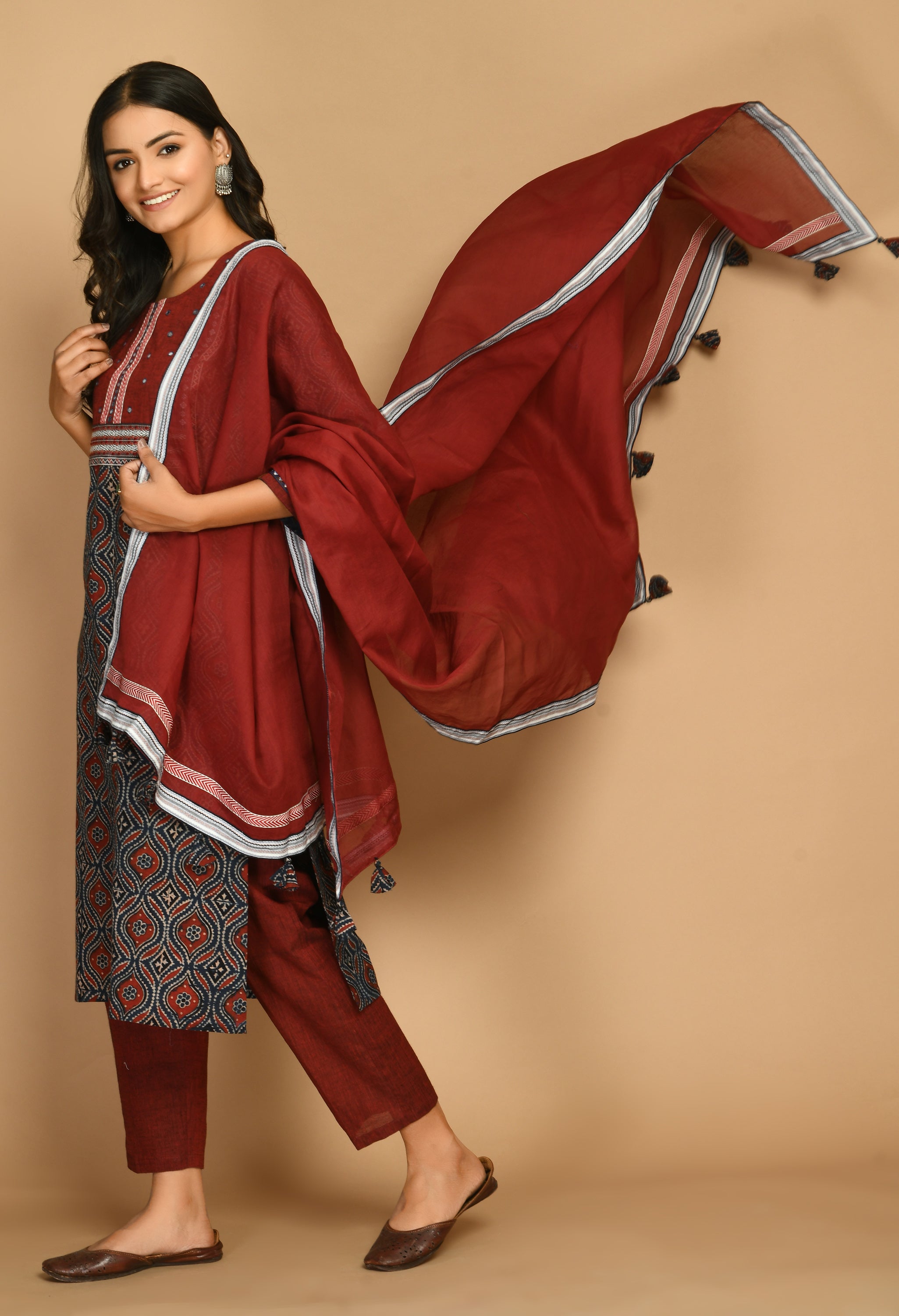 Blue Ajrakh Kurta With  Handloom Pants And Dupatta