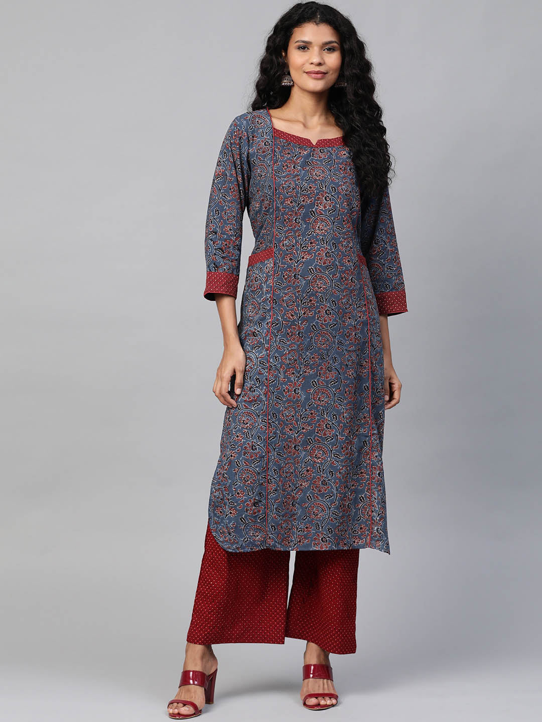 Women Navy Blue & Maroon Hand Block Printed Straight Ajarkh Sustainable Kurta