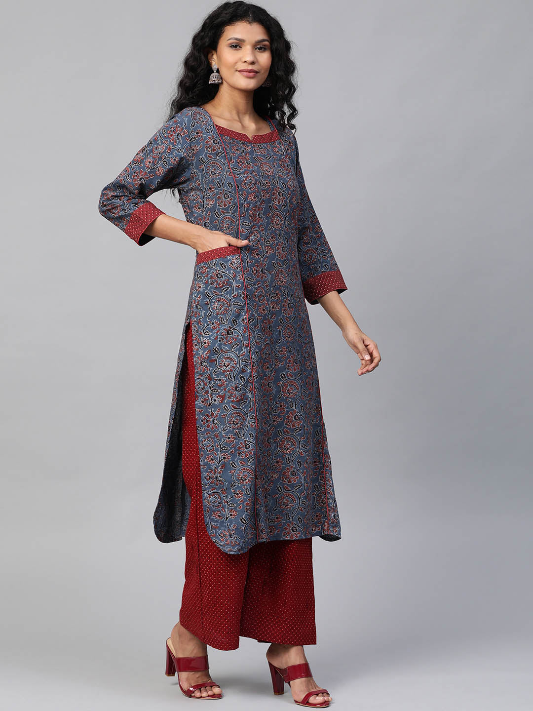 Women Navy Blue & Maroon Hand Block Printed Straight Ajarkh Sustainable Kurta